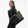 Barbour MYA PATCHWORK Tote Bag Womens Tote Bag Black/Olive Check side view showing plaid design and stylish silhouette.
