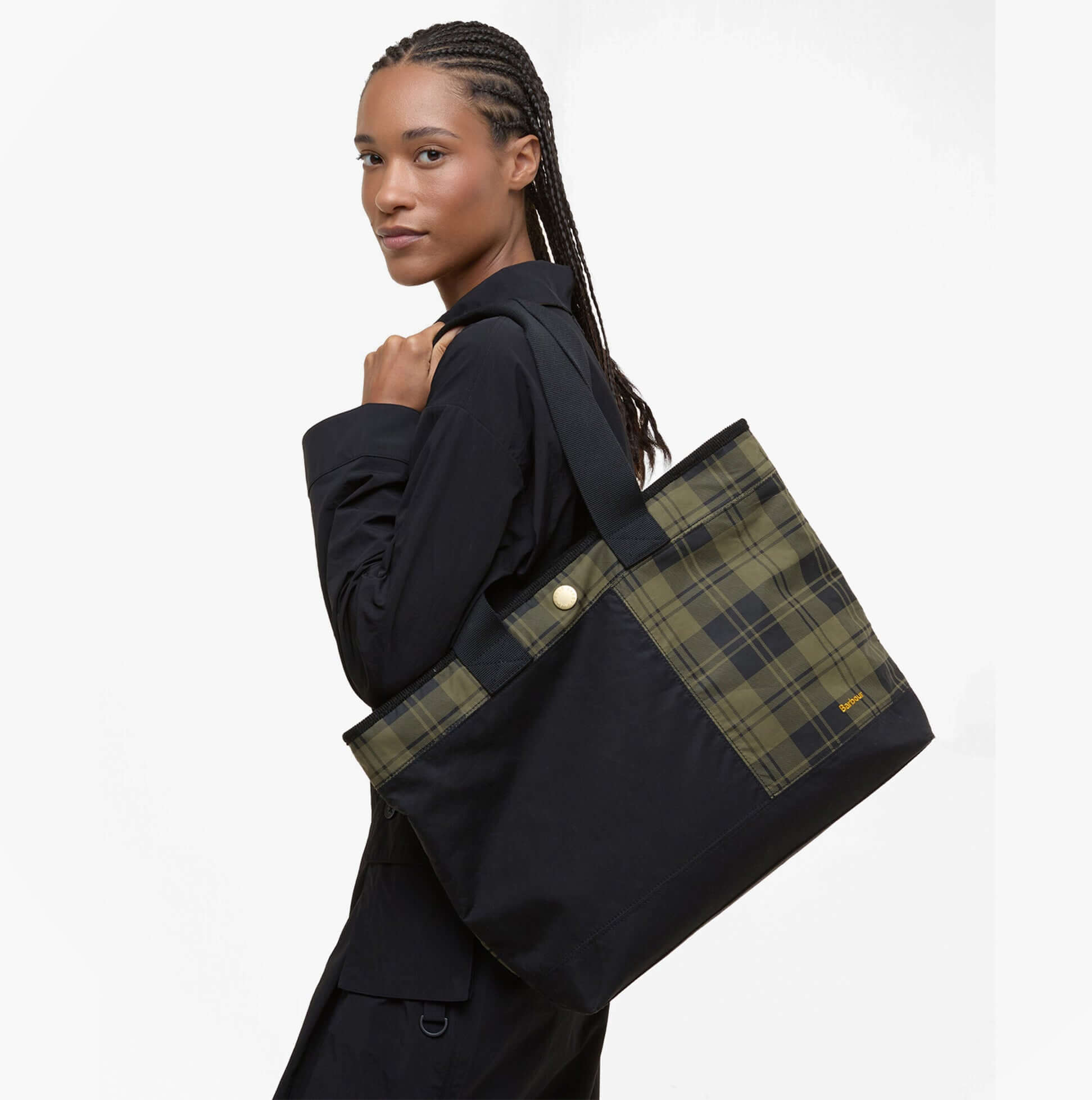 Barbour MYA PATCHWORK Tote Bag Womens Tote Bag Black/Olive Check side view showing plaid design and stylish silhouette.