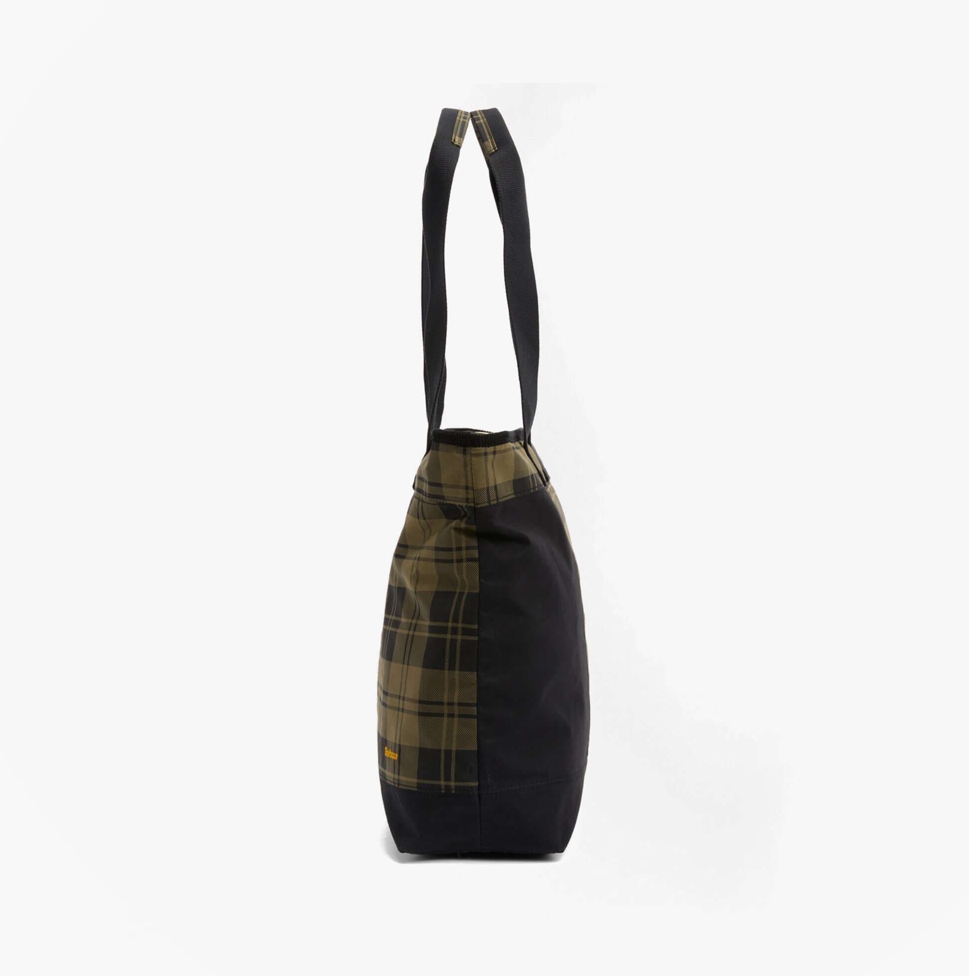 Barbour MYA PATCHWORK Tote Bag Womens Tote Bag Black/Olive Check side view showcasing the pattern and design.