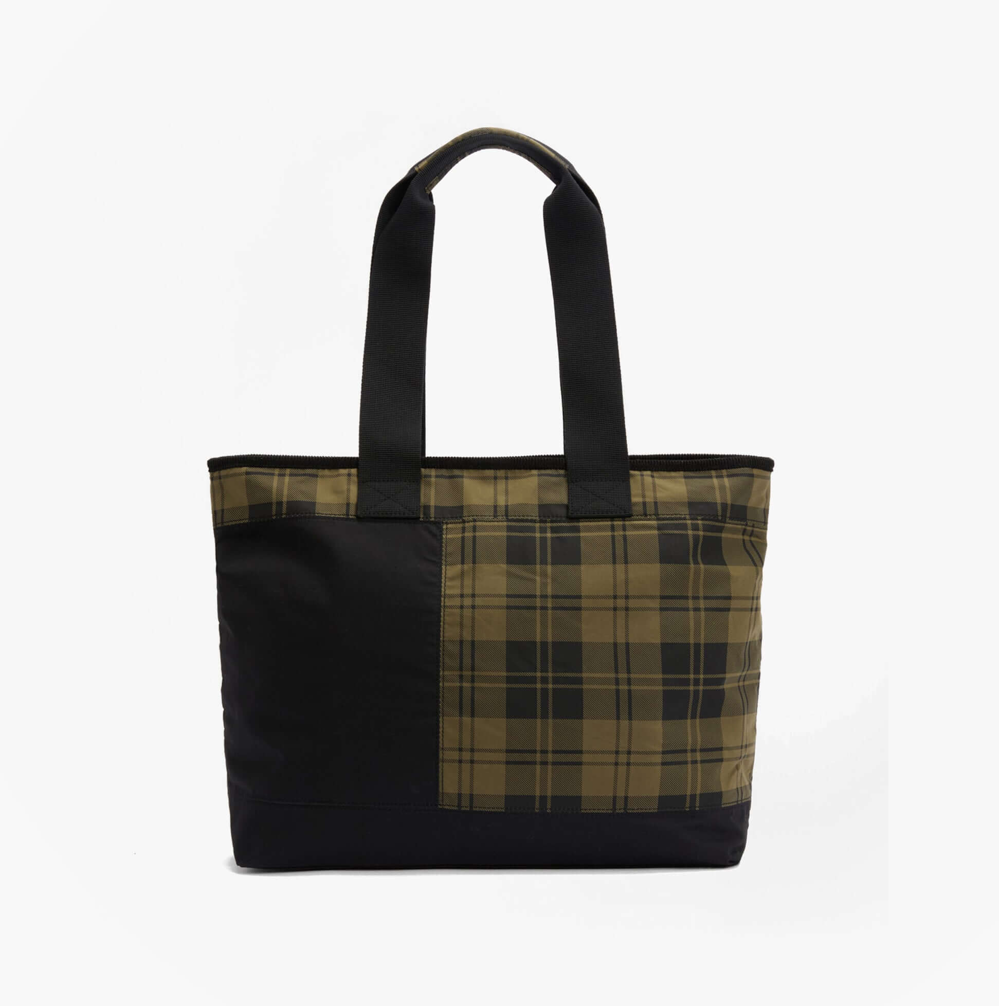 Barbour MYA PATCHWORK Tote Bag Womens Tote Bag Black/Olive Check front view showcasing check pattern and sturdy handles.