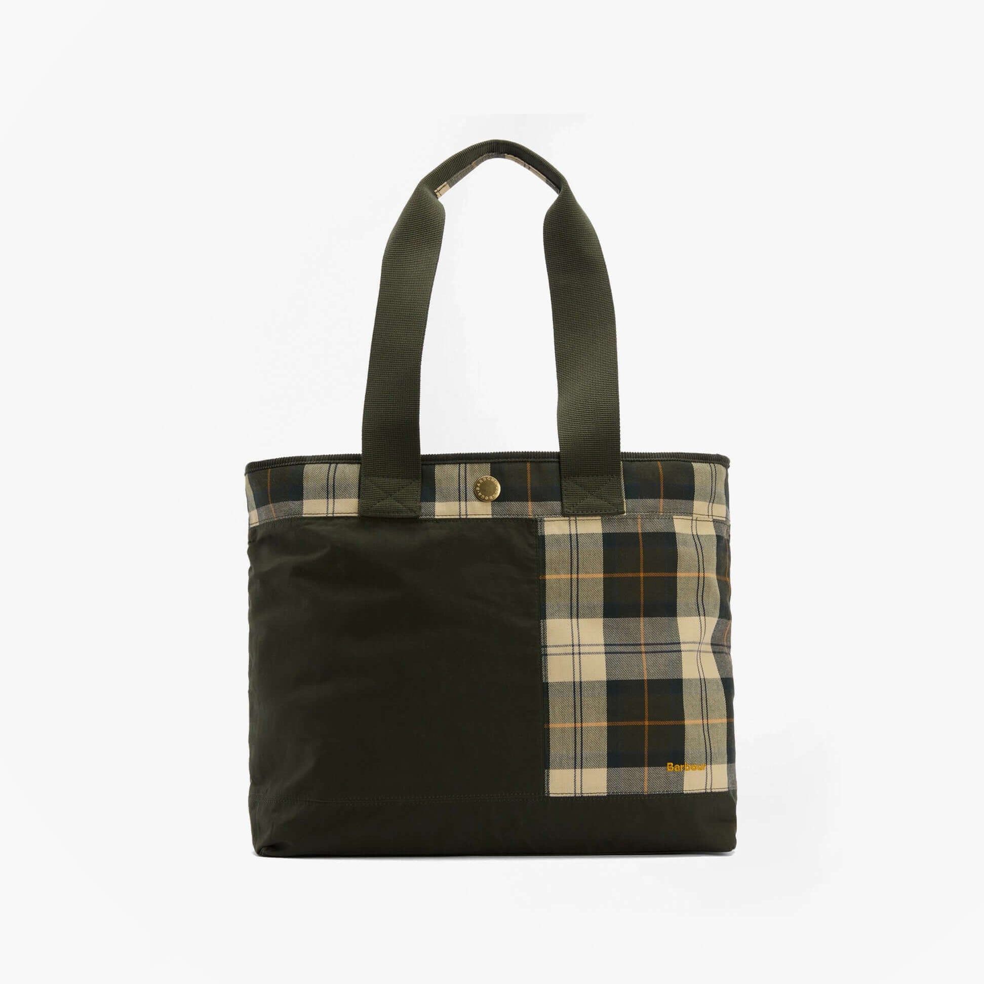 Barbour MYA PATCHWORK Tote Bag Womens Tote Bag Sage/Ancient front view with plaid and solid color design.