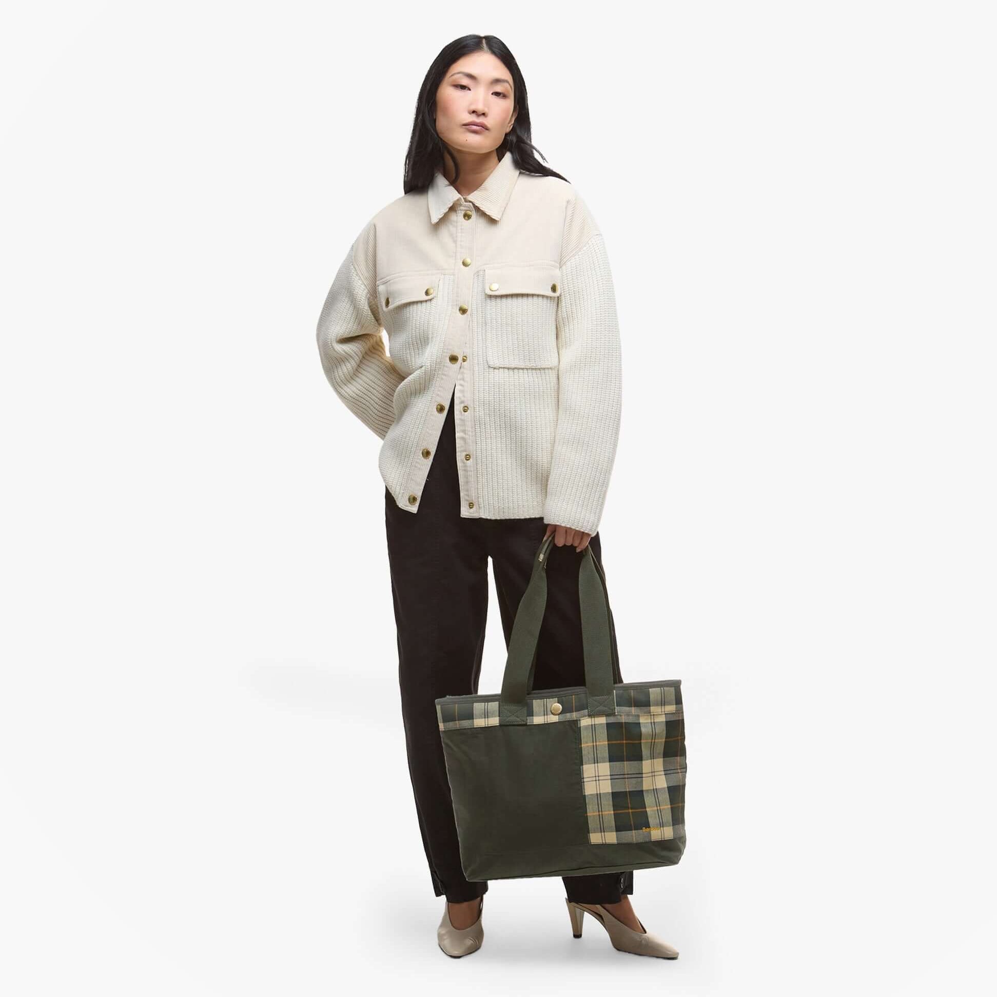 Barbour MYA PATCHWORK Tote Bag Womens Tote Bag Sage/Ancient held by model in front view, showcasing patchwork design and colors.