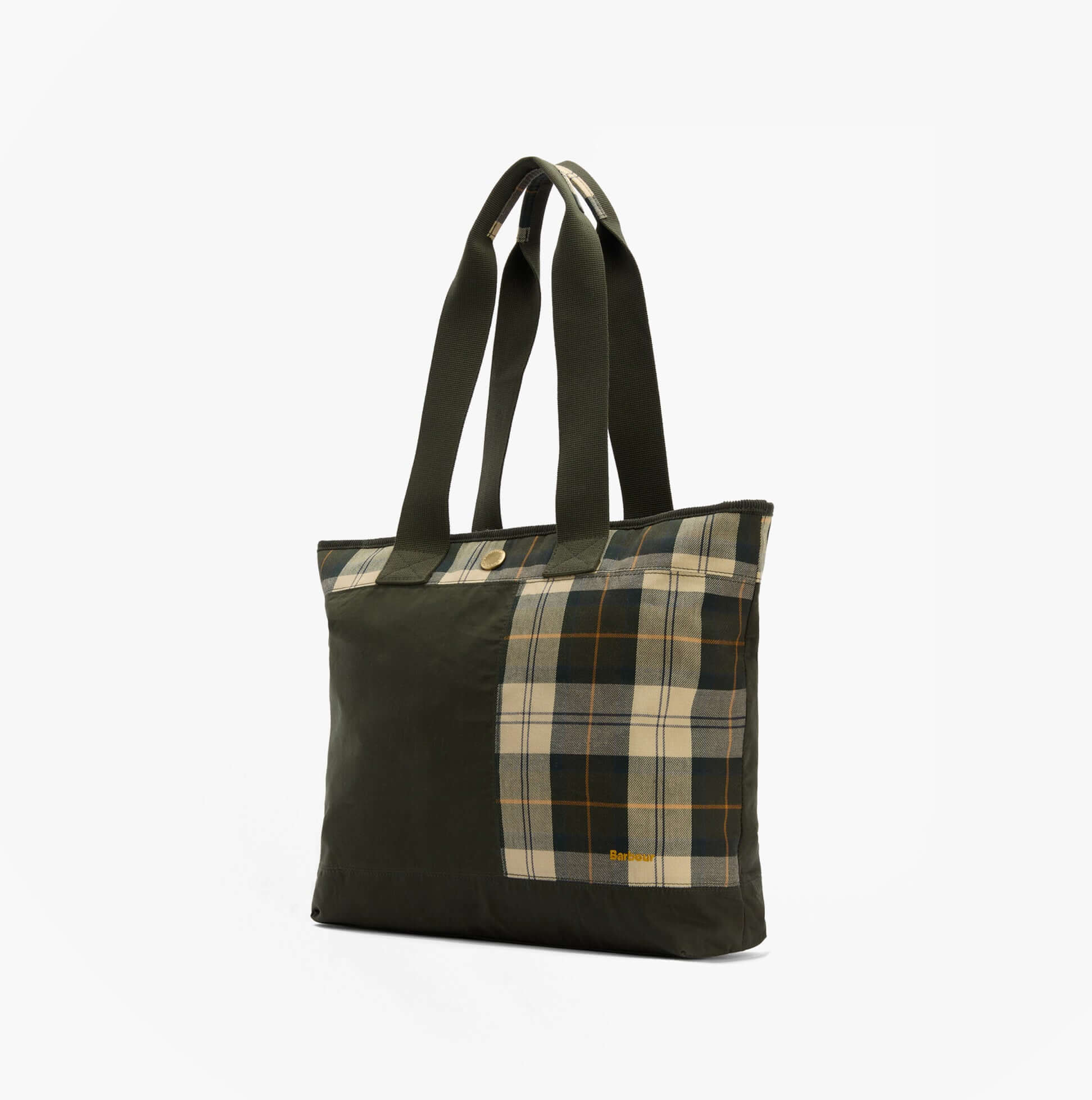 Barbour MYA PATCHWORK Tote Bag Womens Tote Bag Sage/Ancient side view with plaid design and dual handles.