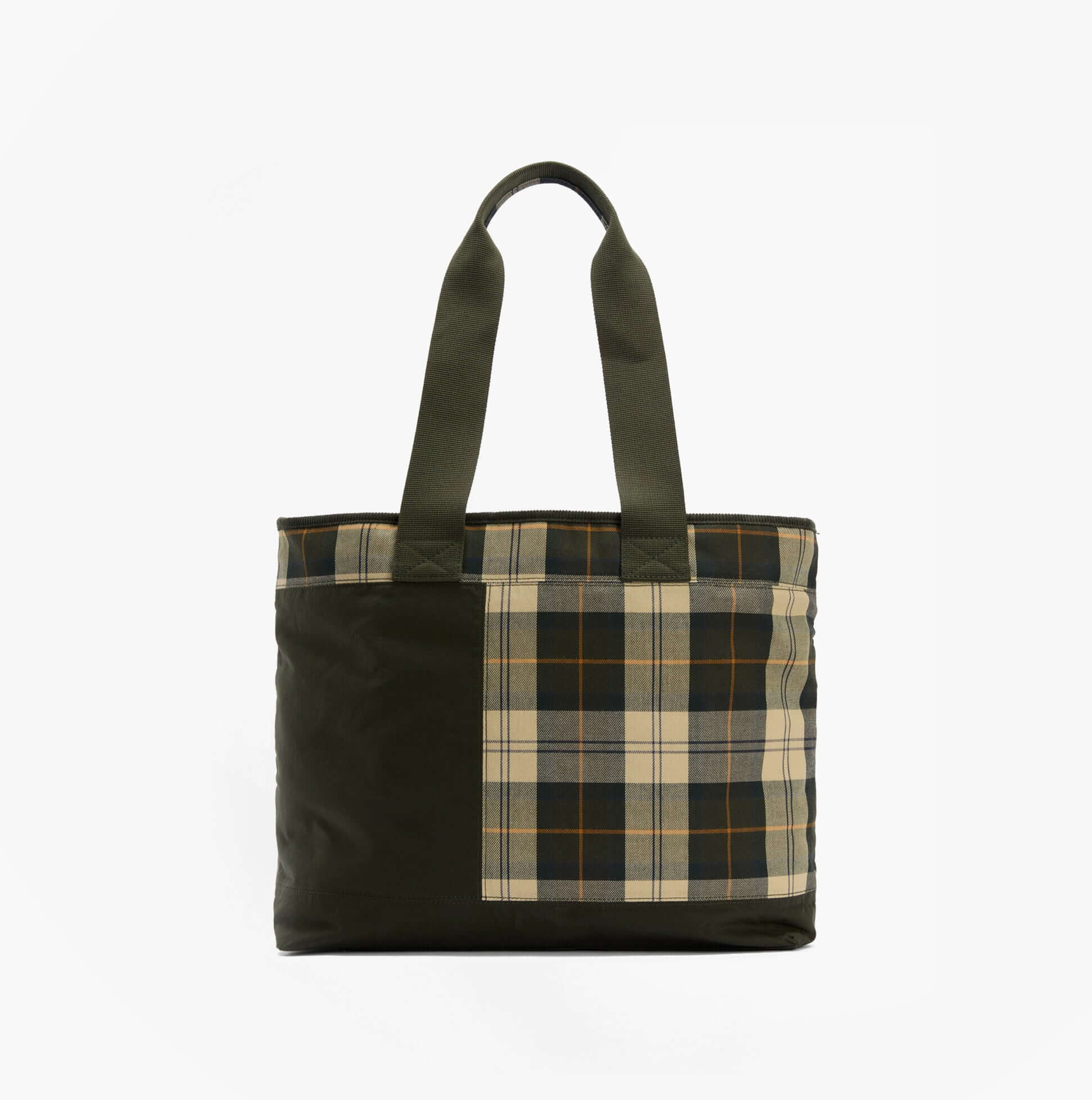 Barbour MYA PATCHWORK Tote Bag Womens Tote Bag Sage/Ancient side view showing plaid design and durable fabric.