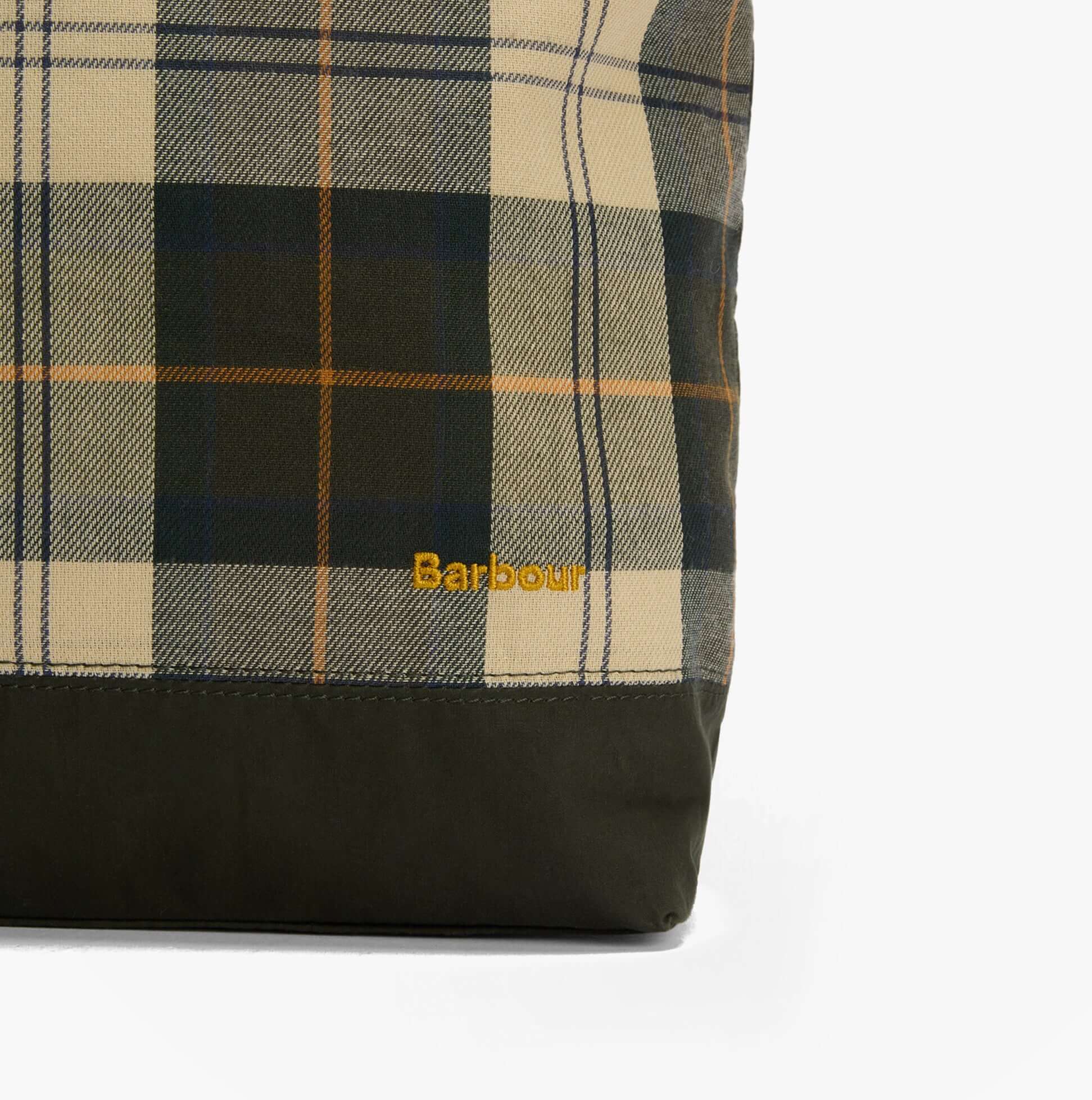 Barbour MYA PATCHWORK Tote Bag Womens Tote Bag Sage/Ancient close-up view showing plaid pattern and logo detail.