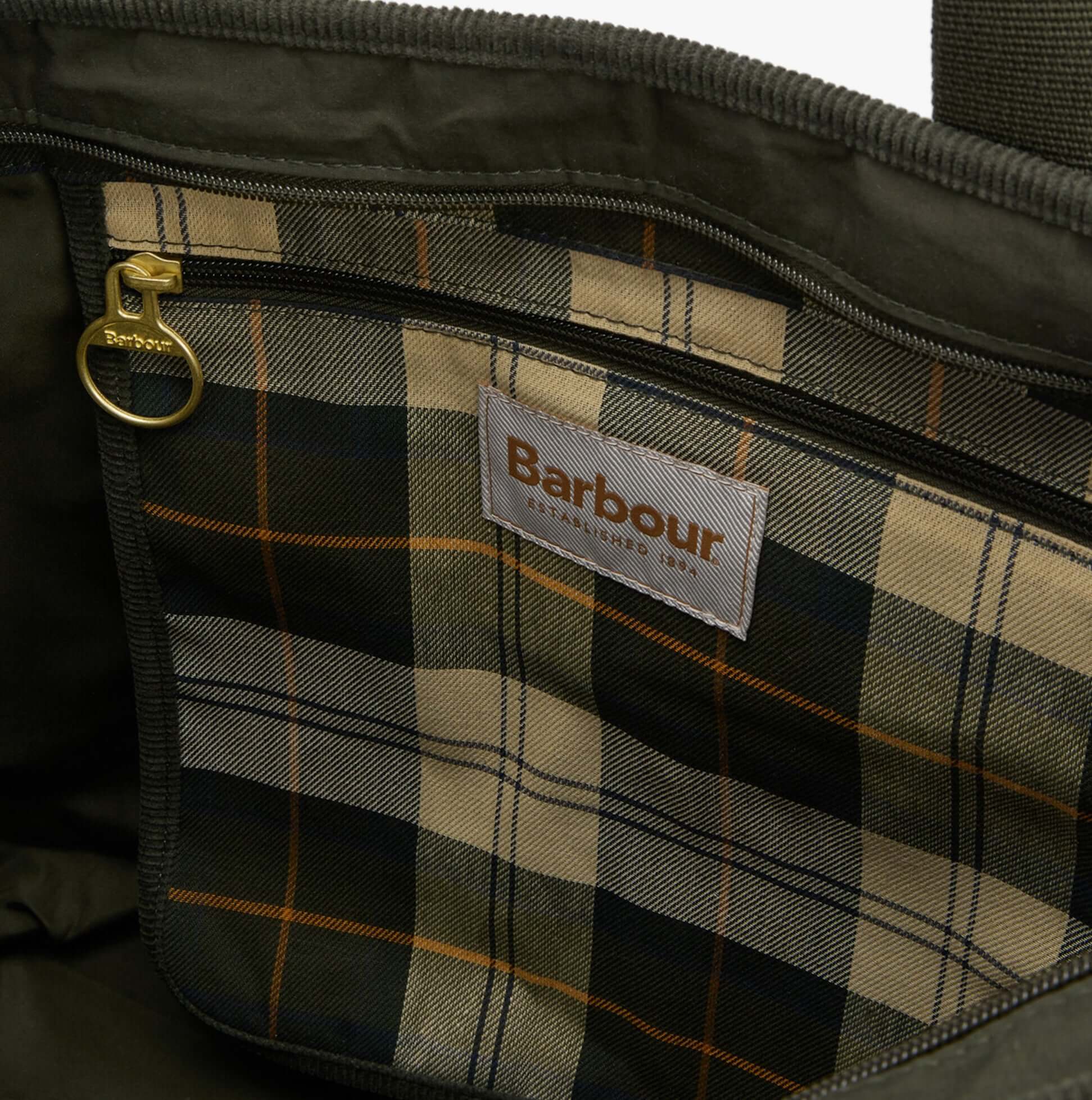 Barbour MYA PATCHWORK Tote Bag Womens Tote Bag Sage/Ancient detail view of interior pocket with branded label.