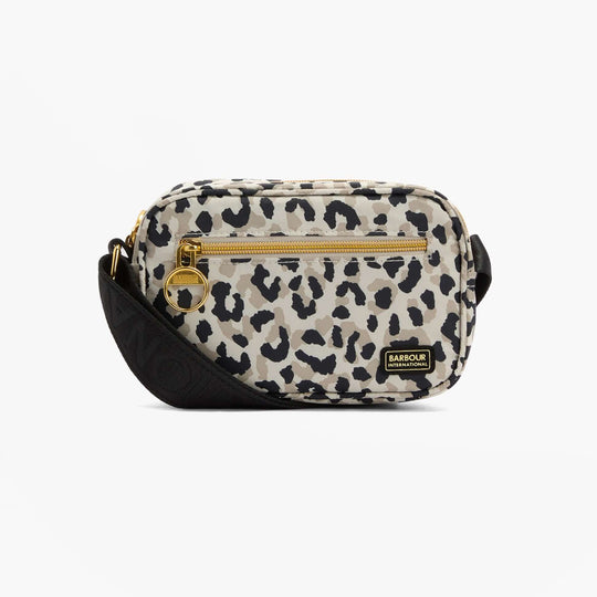 Barbour BOULEVARD MICRO Crossbody Bag Womens Jasmine Leopard side view showcasing zip closure and leopard print design.