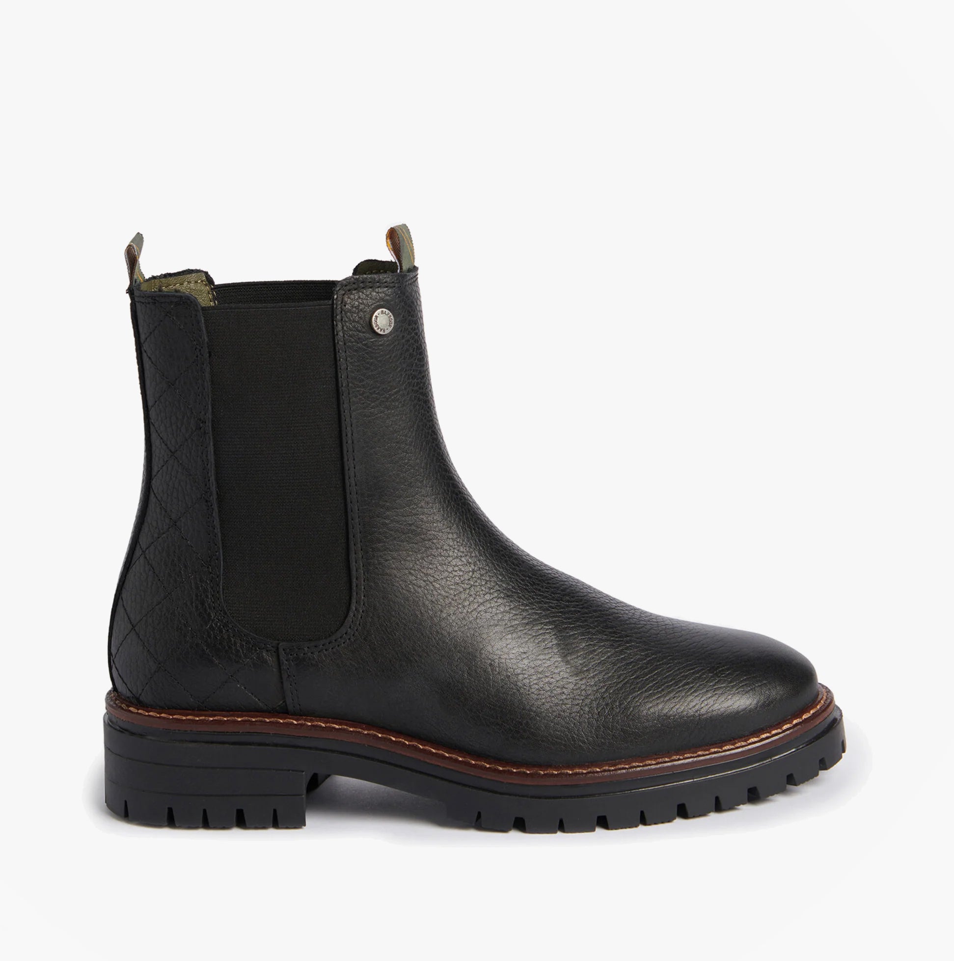 Barbour EVIE Womens Boots Black side view showing leather and nylon upper, elasticated side panel, and block heel.