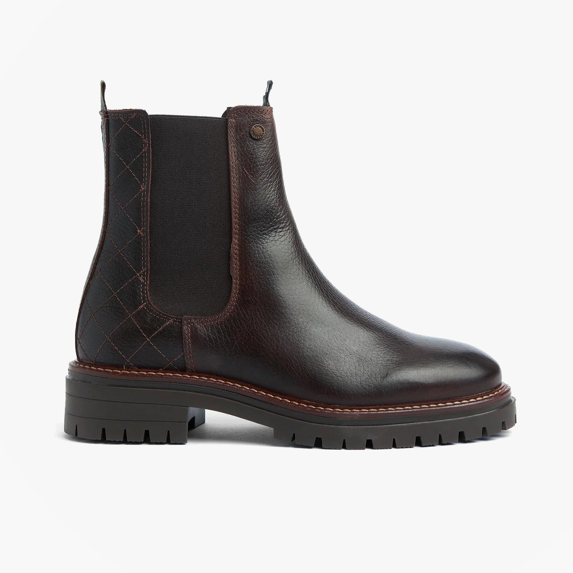 Barbour EVIE Womens Boots Brown side view showcasing leather and nylon upper, elasticated side panel, and block heel.