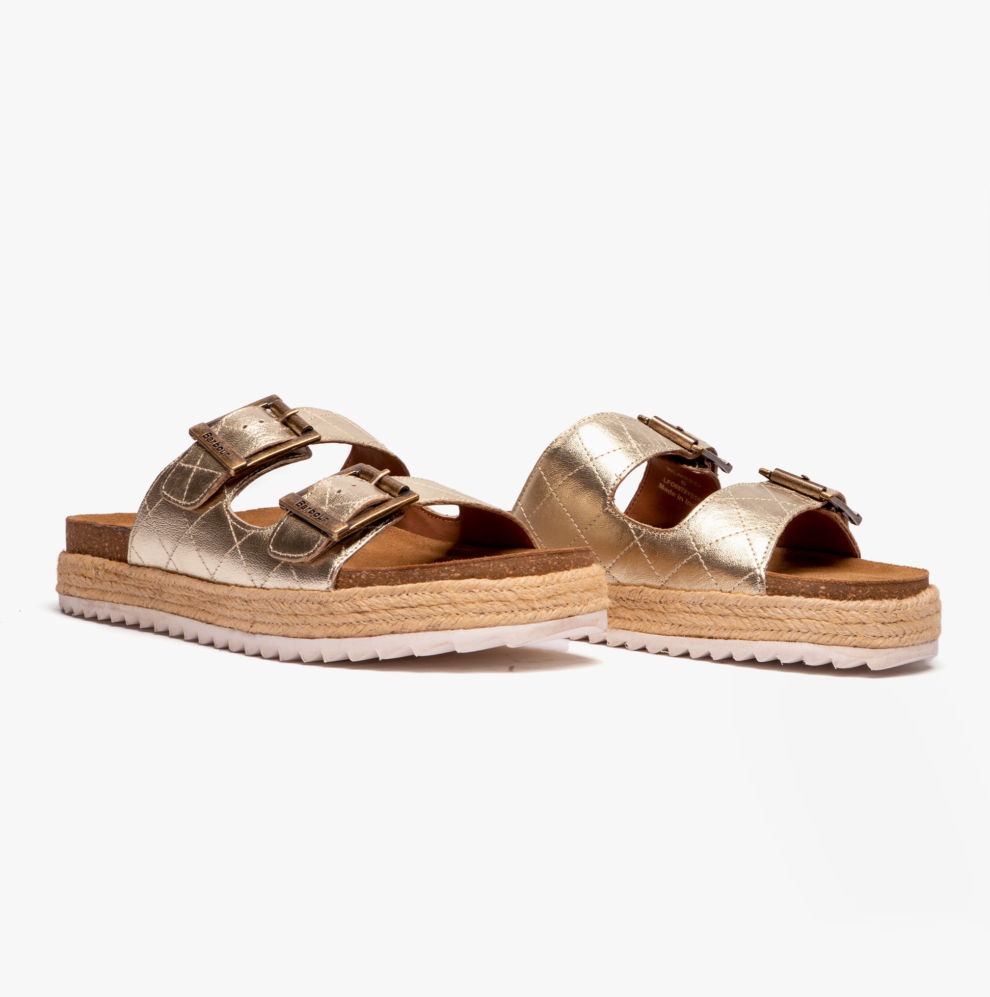 Barbour PAMELA Womens Quilted Sandals Gold Metallic side view showcasing buckle details and textured leather upper.