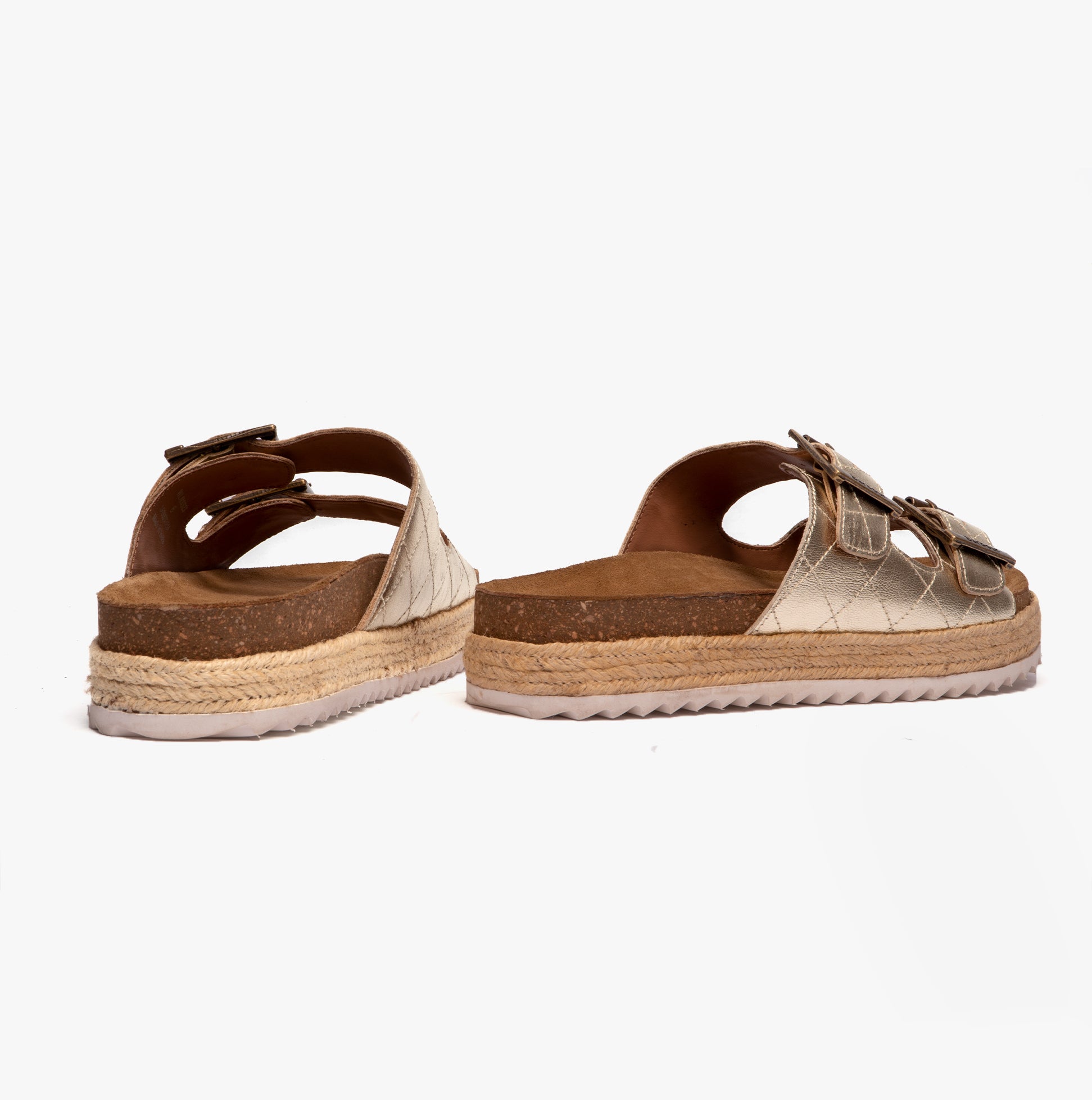 Barbour PAMELA Womens Quilted Sandals Gold Metallic back view showing woven detail and buckle design.