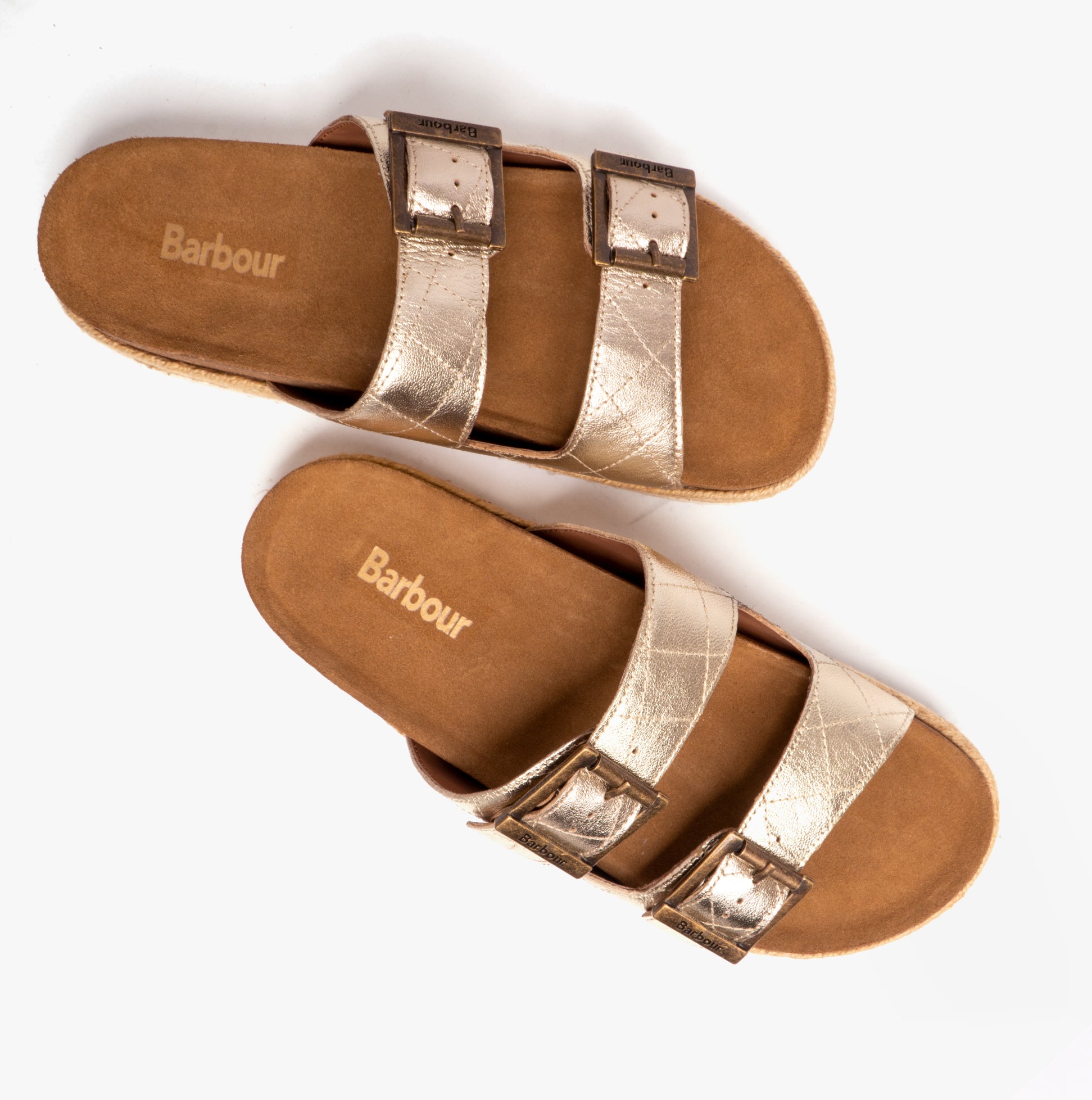 Barbour PAMELA Womens Quilted Sandals Gold Metallic top view showcasing leather upper, buckle details and quilted design.