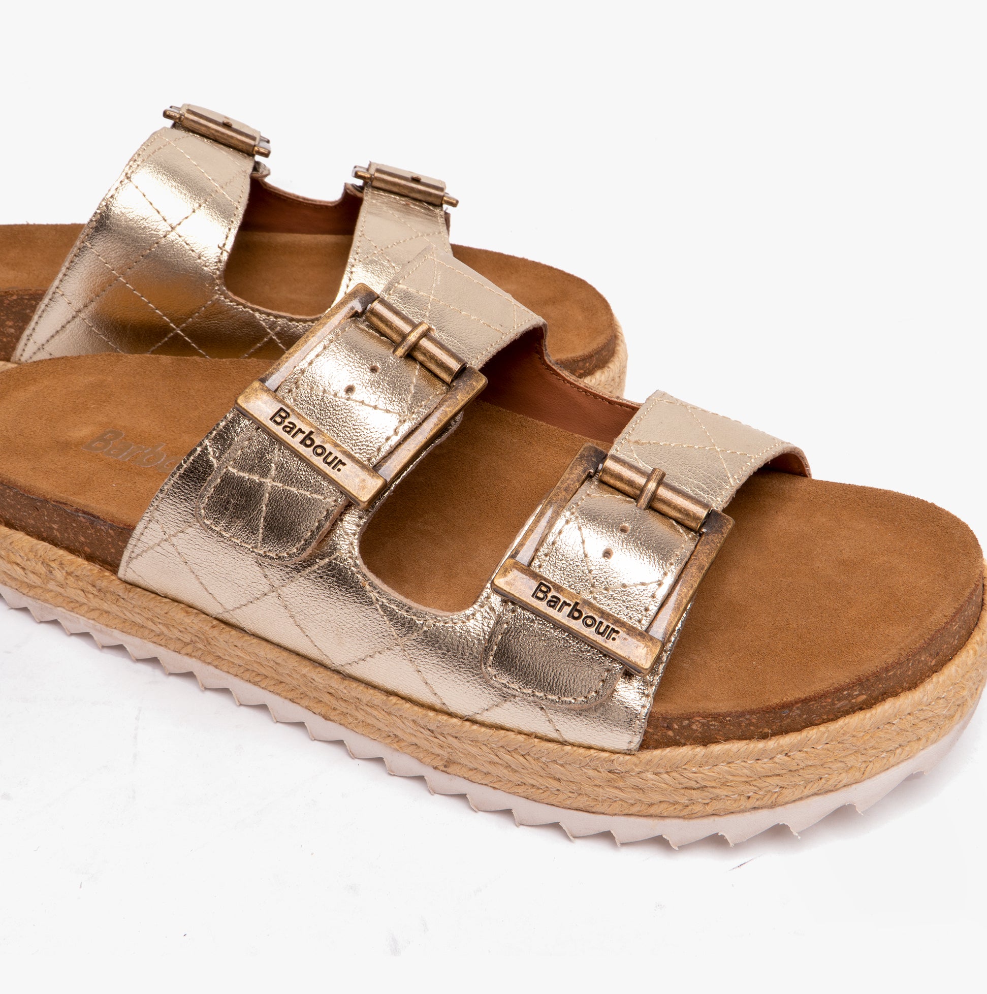 Barbour PAMELA Womens Quilted Sandals Gold Metallic side view highlighting buckle and quilted design.