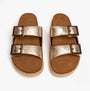 Barbour PAMELA Womens Quilted Sandals Gold Metallic top view showcasing the buckle design and plush brown lining.