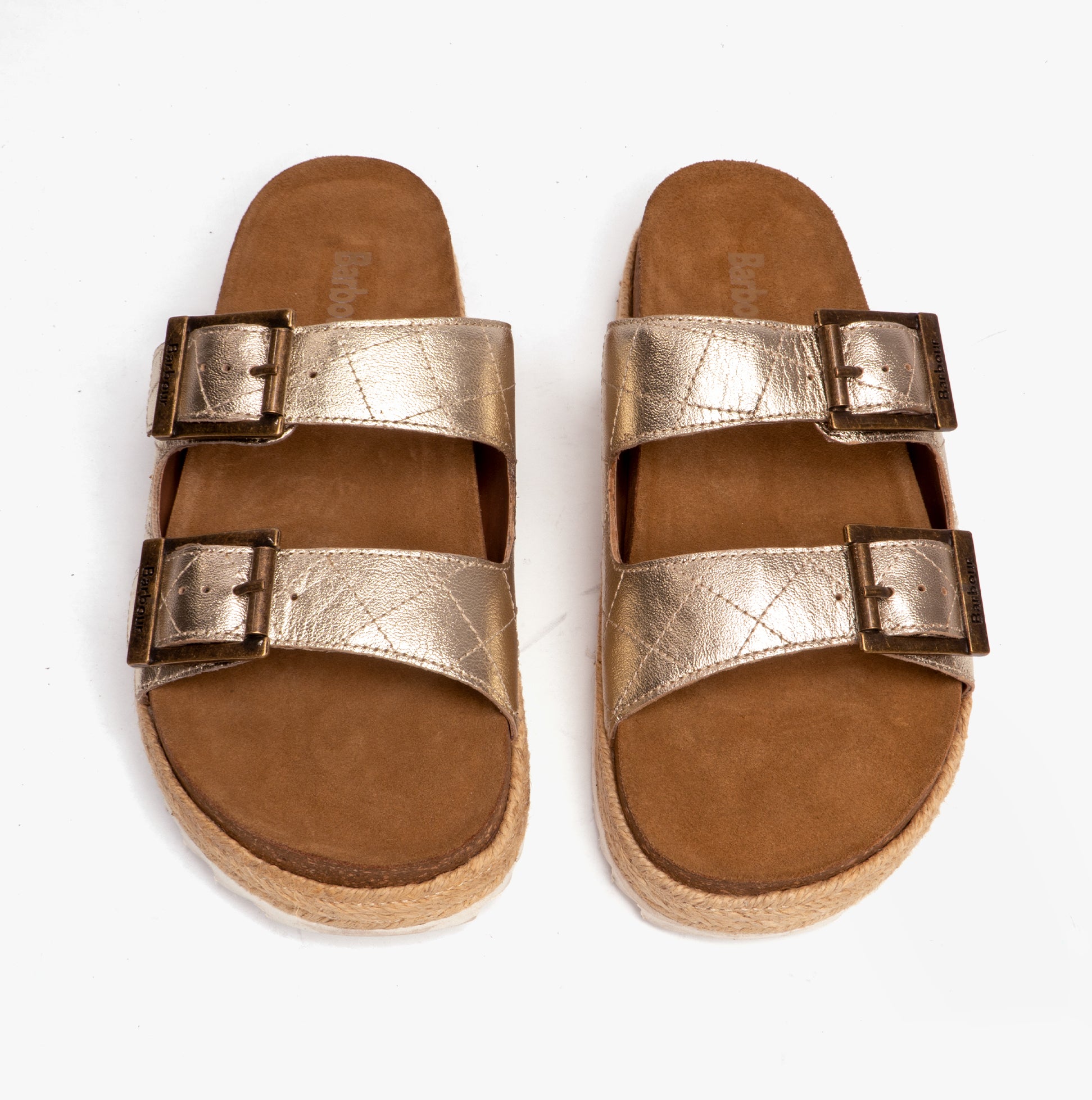 Barbour PAMELA Womens Quilted Sandals Gold Metallic top view showcasing the buckle design and plush brown lining.