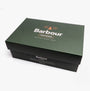 Barbour PAMELA Womens Quilted Sandals Gold Metallic shoe box side view with Barbour logo.