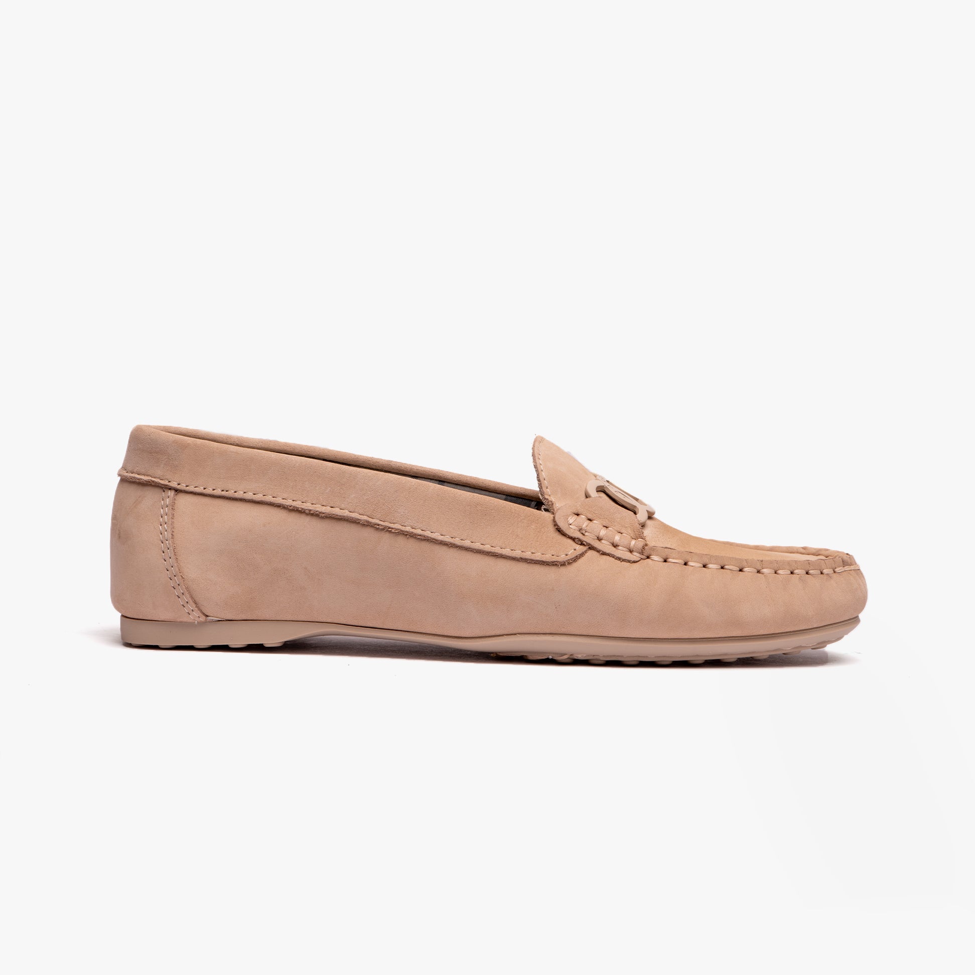 Barbour ASTRID Womens Buckle Loafers Beige side view with leather upper and slip-on design, showcasing comfort and style.