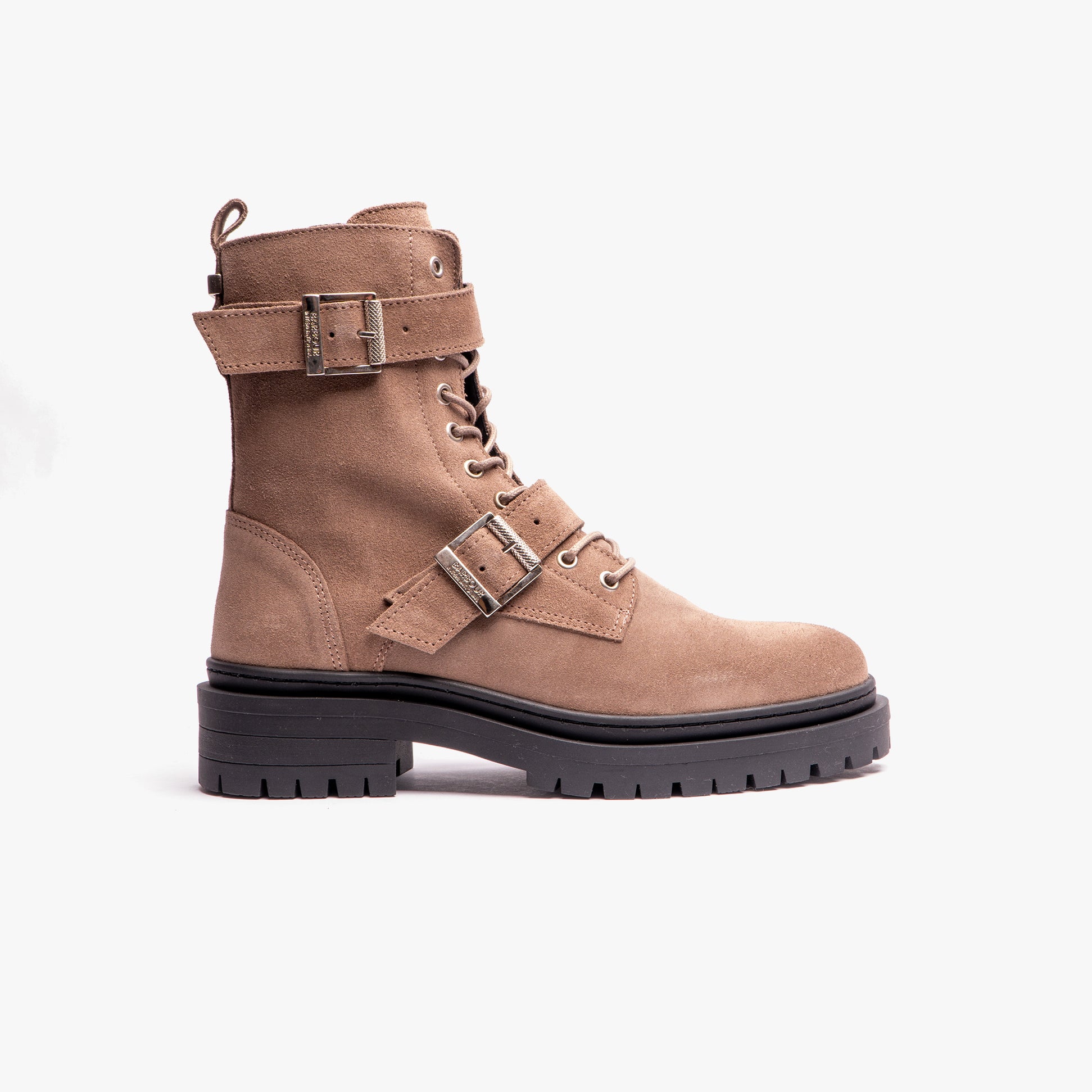 Barbour REDGRAVE Womens Boots Oat Suede side view featuring biker style, ankle height, and lace-up closure.
