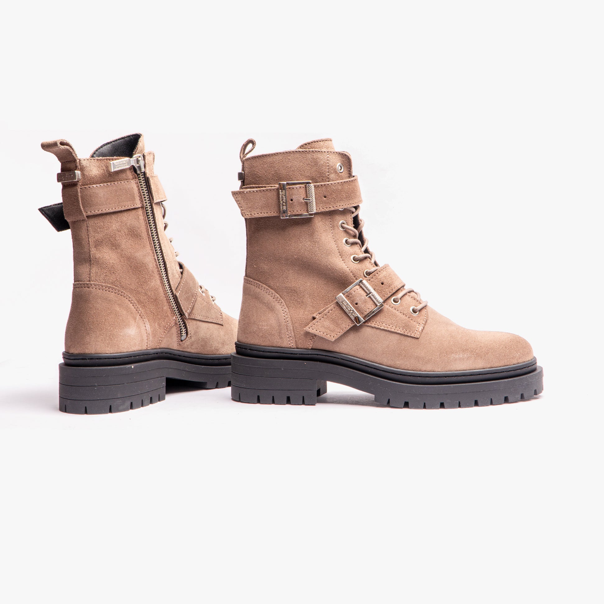 Barbour REDGRAVE Womens Boots Oat Suede side view showcasing biker style, lace-up design, and block heel.