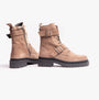 Barbour REDGRAVE Womens Boots Oat Suede side view showcasing biker style, lace-up design, and block heel.