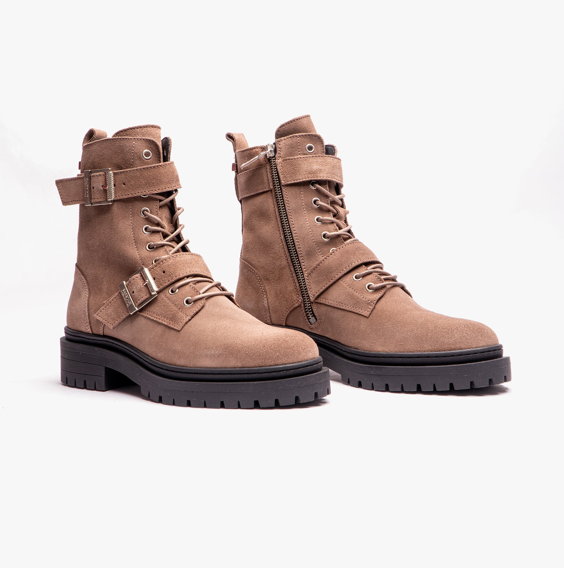 Barbour REDGRAVE Womens Boots Oat Suede side view showing biker style with lace-up and buckle details on a white background.