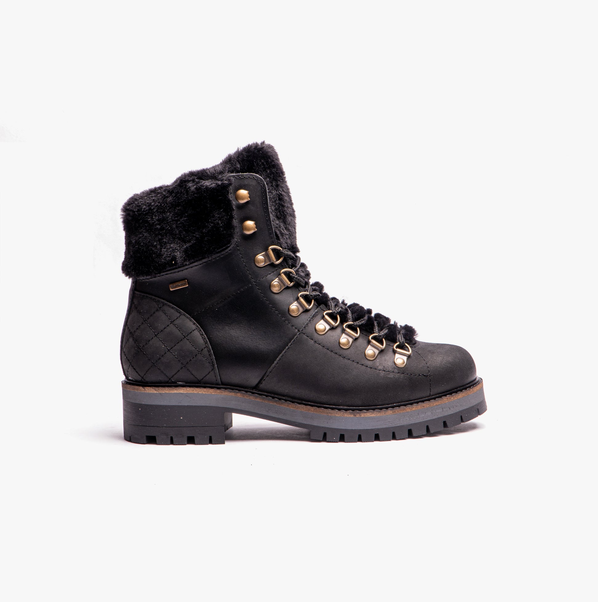 Barbour HOLLY Womens Hiker Boots Black side view showcasing leather upper, block heel, and warm lining.