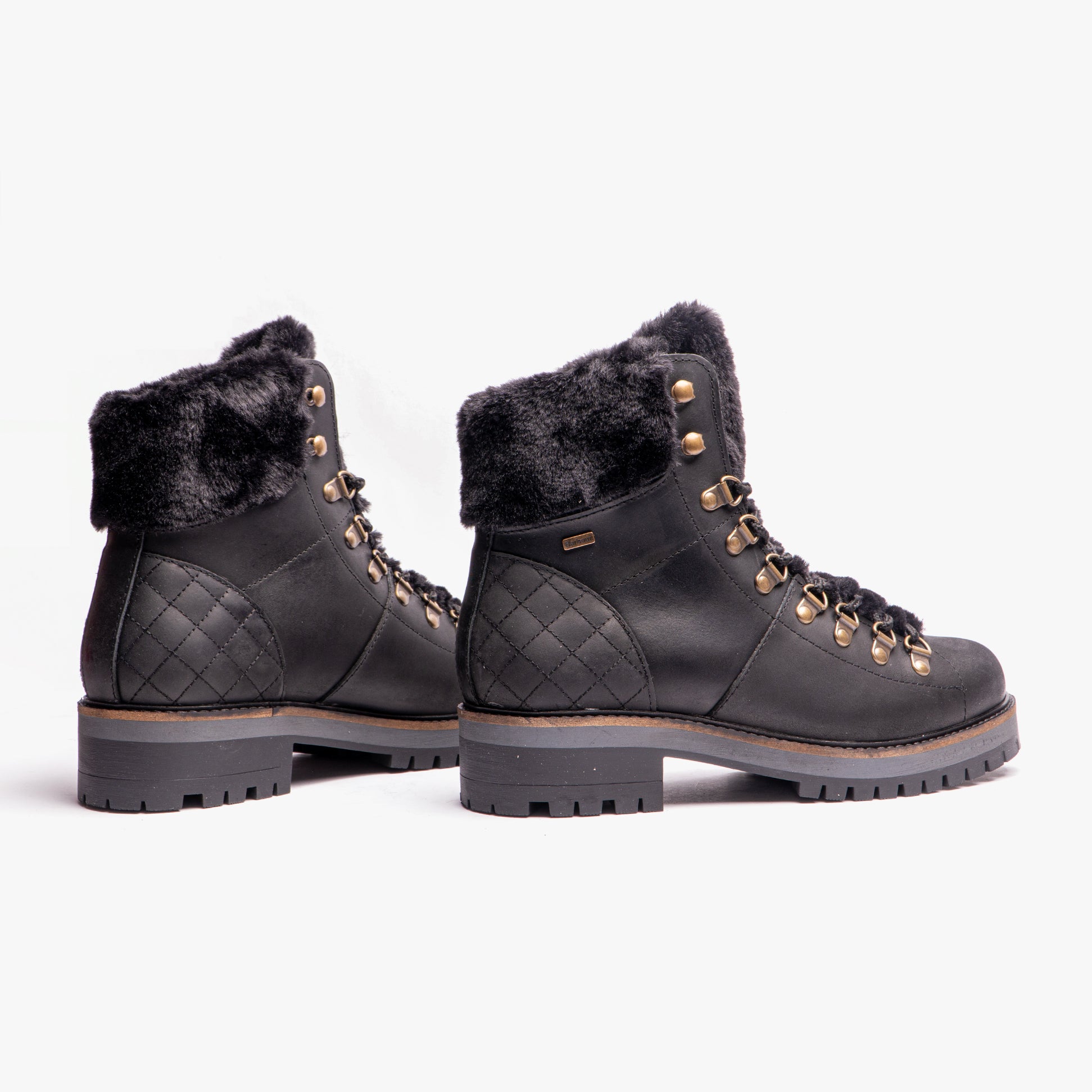 Barbour HOLLY Womens Hiker Boots Black side view showing lace-up detail and faux fur lining.