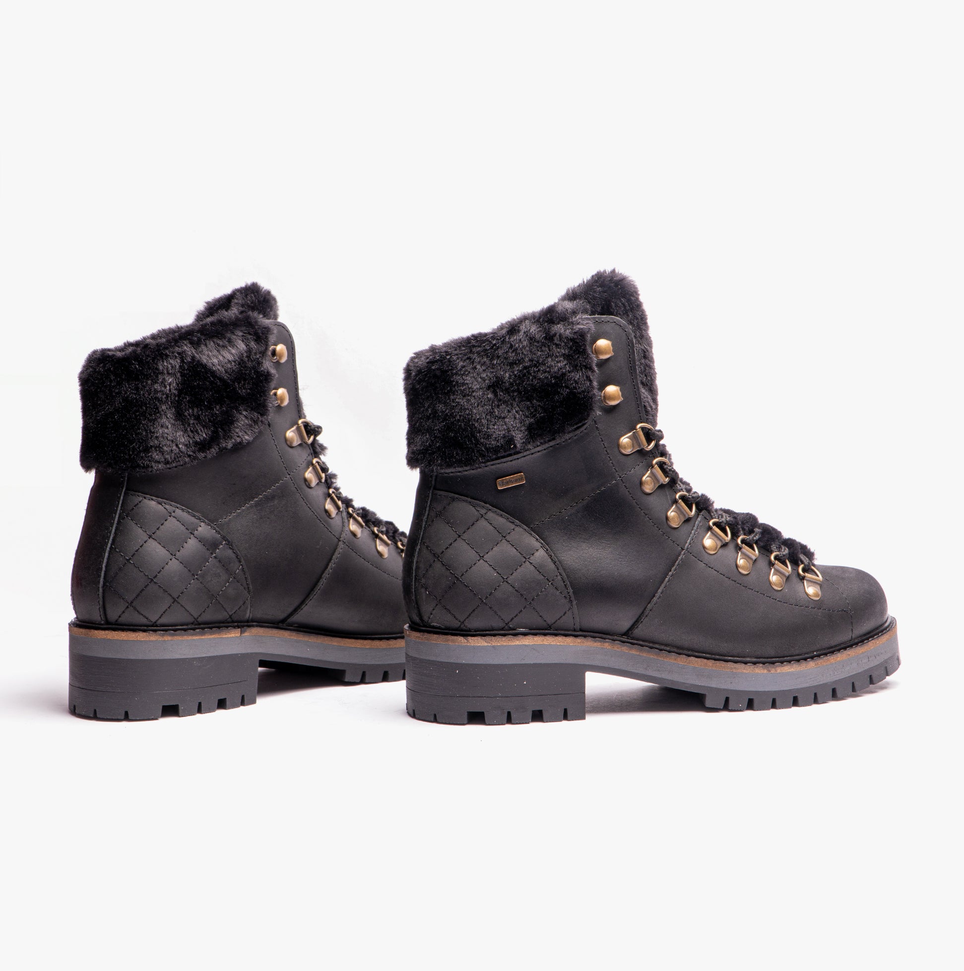 Barbour HOLLY Womens Hiker Boots Black side view showing lace-up detail and faux fur lining.