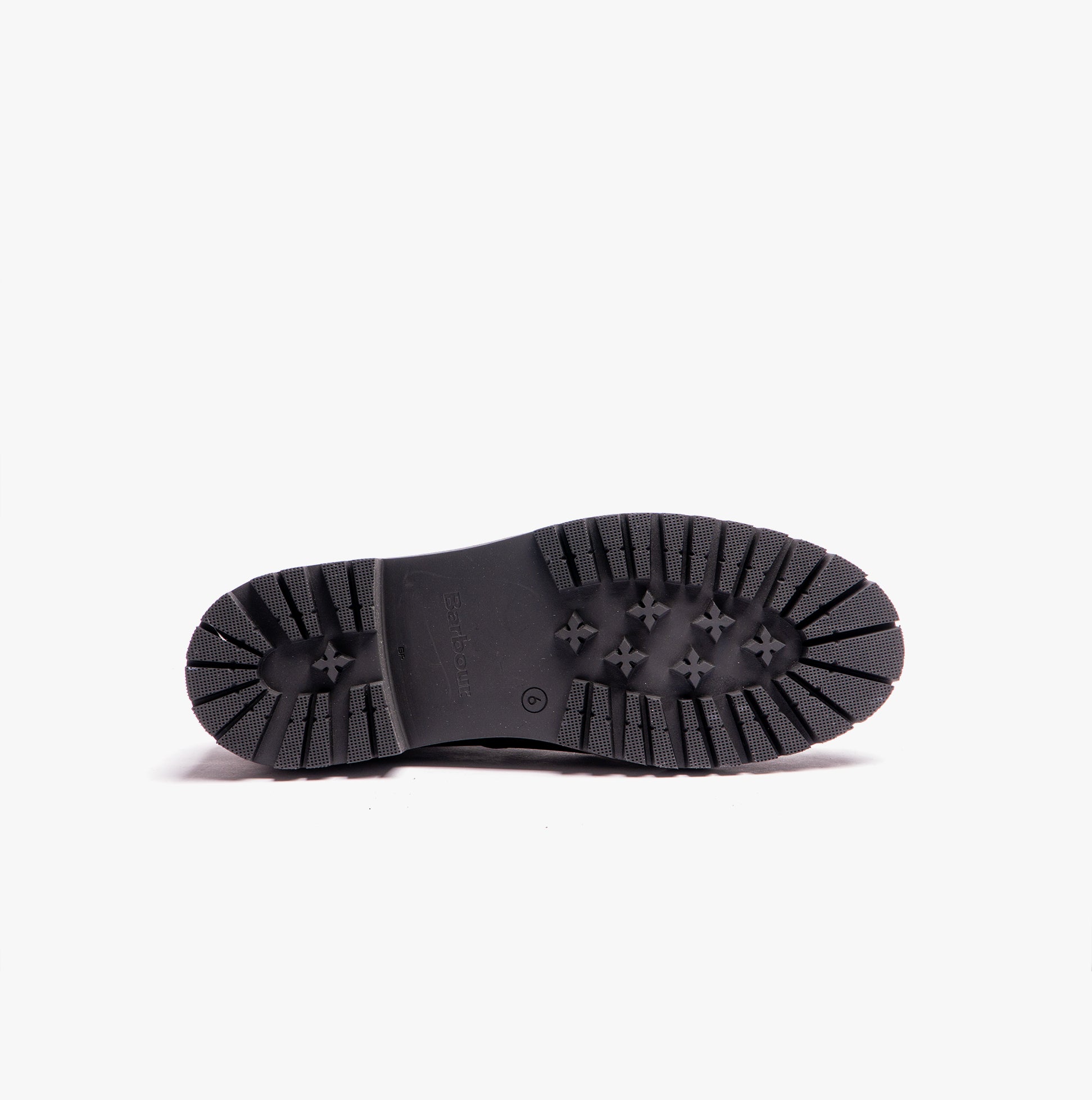 Barbour HOLLY Womens Hiker Boots Black sole view showing the rubber outsole with traction features.