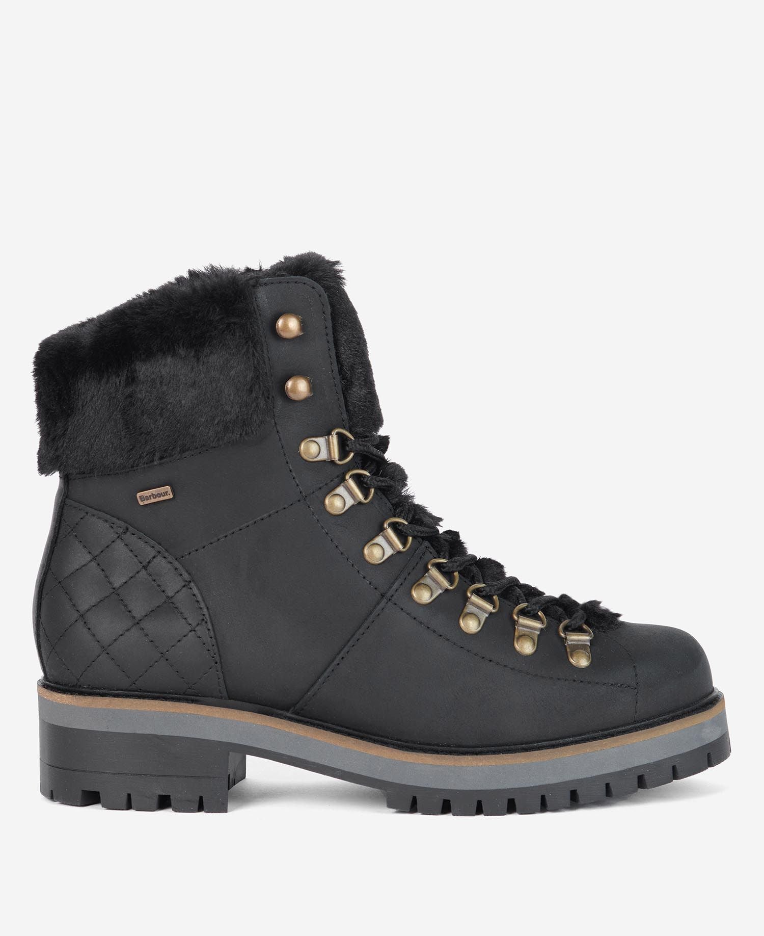 Barbour HOLLY Womens Hiker Boots Black side view showcasing the leather upper and lace-up closure.