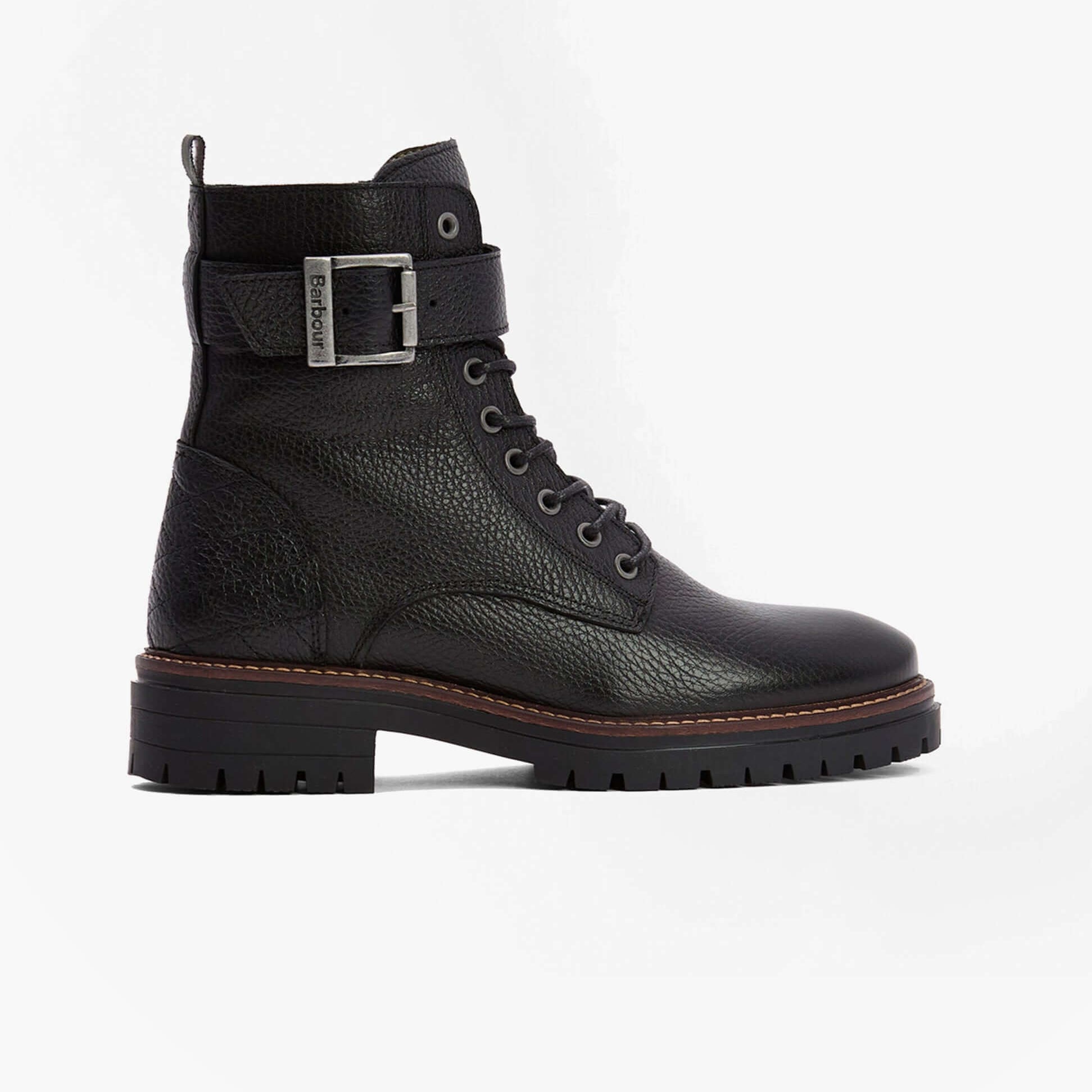 Barbour HEIDI Womens Lace Up Boots Black side view showing leather upper and lace-up design.