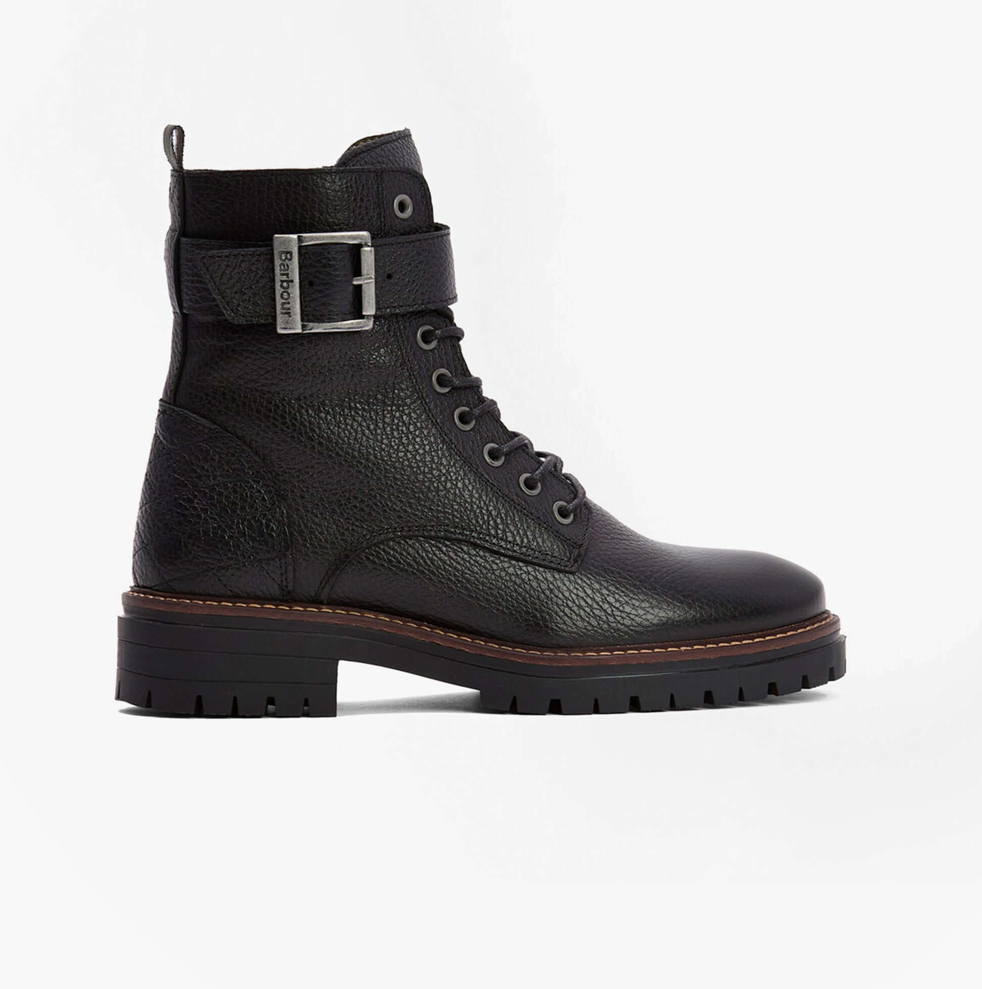 Barbour HEIDI Womens Lace Up Boots Black side view showing leather upper and lace-up design.