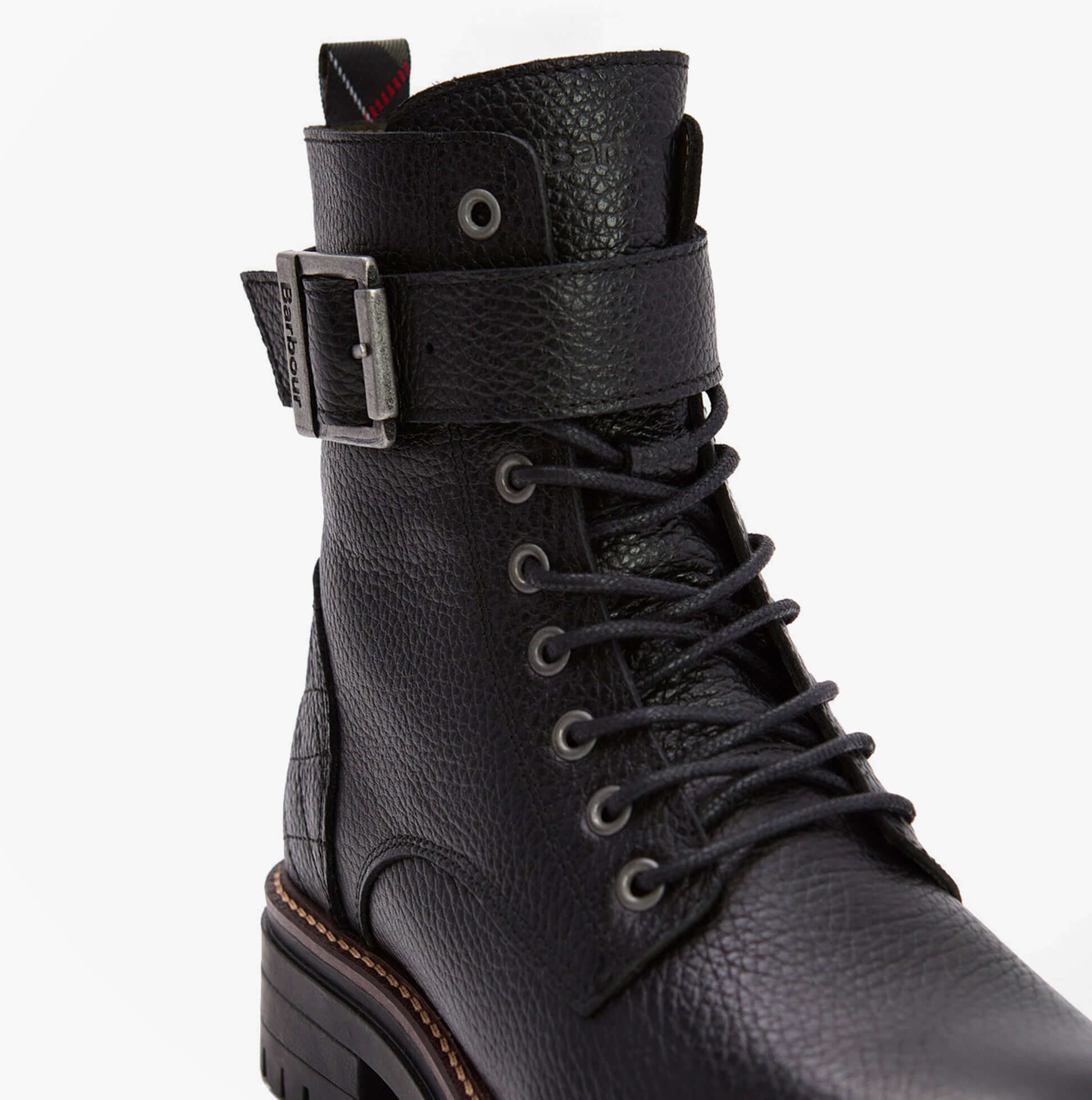 Barbour HEIDI Womens Lace Up Boots Black detail view showcasing laces and leather upper with ankle strap.