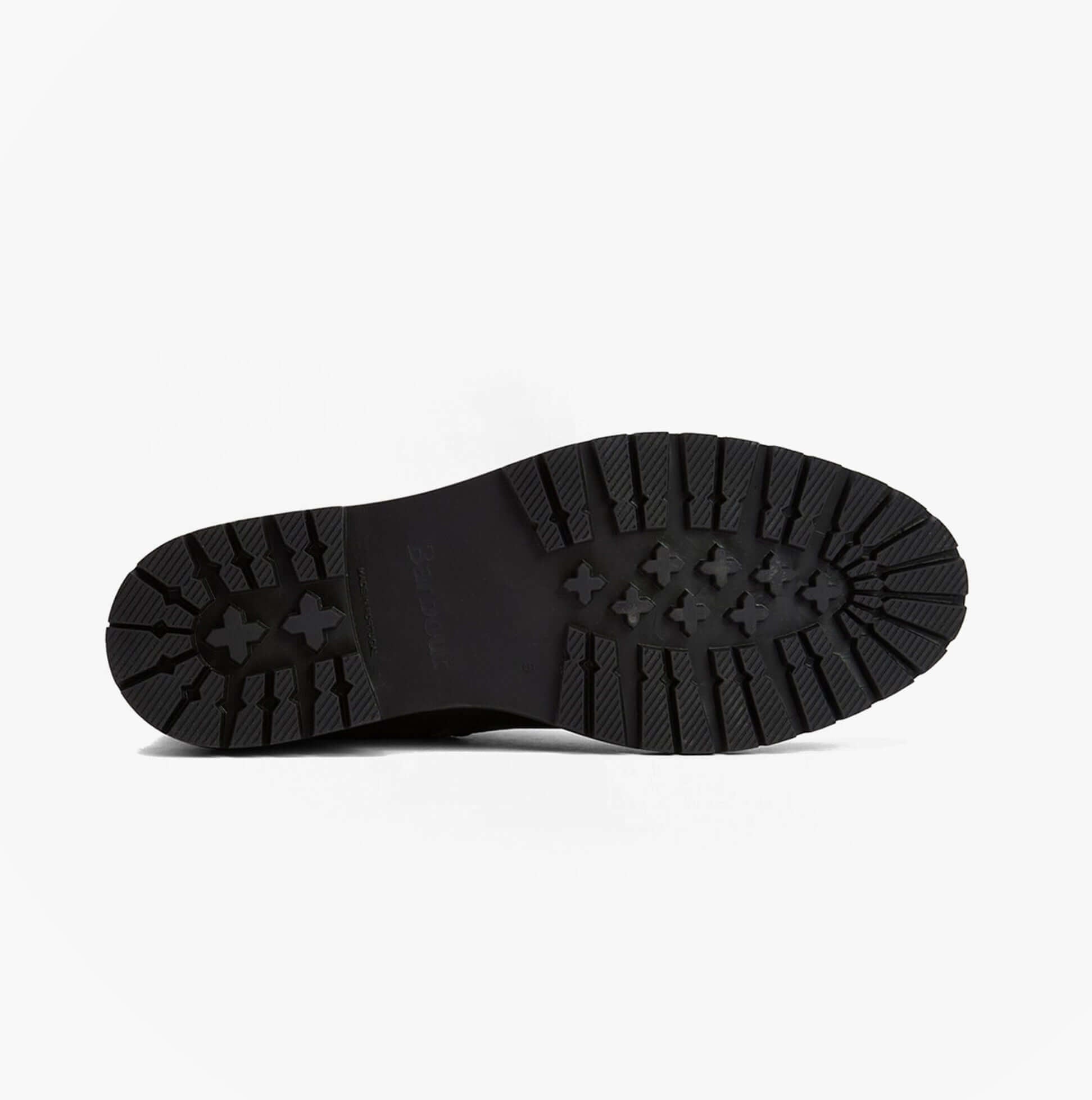 Barbour HEIDI Womens Lace Up Boots Black bottom view showing rubber sole design and tread pattern.