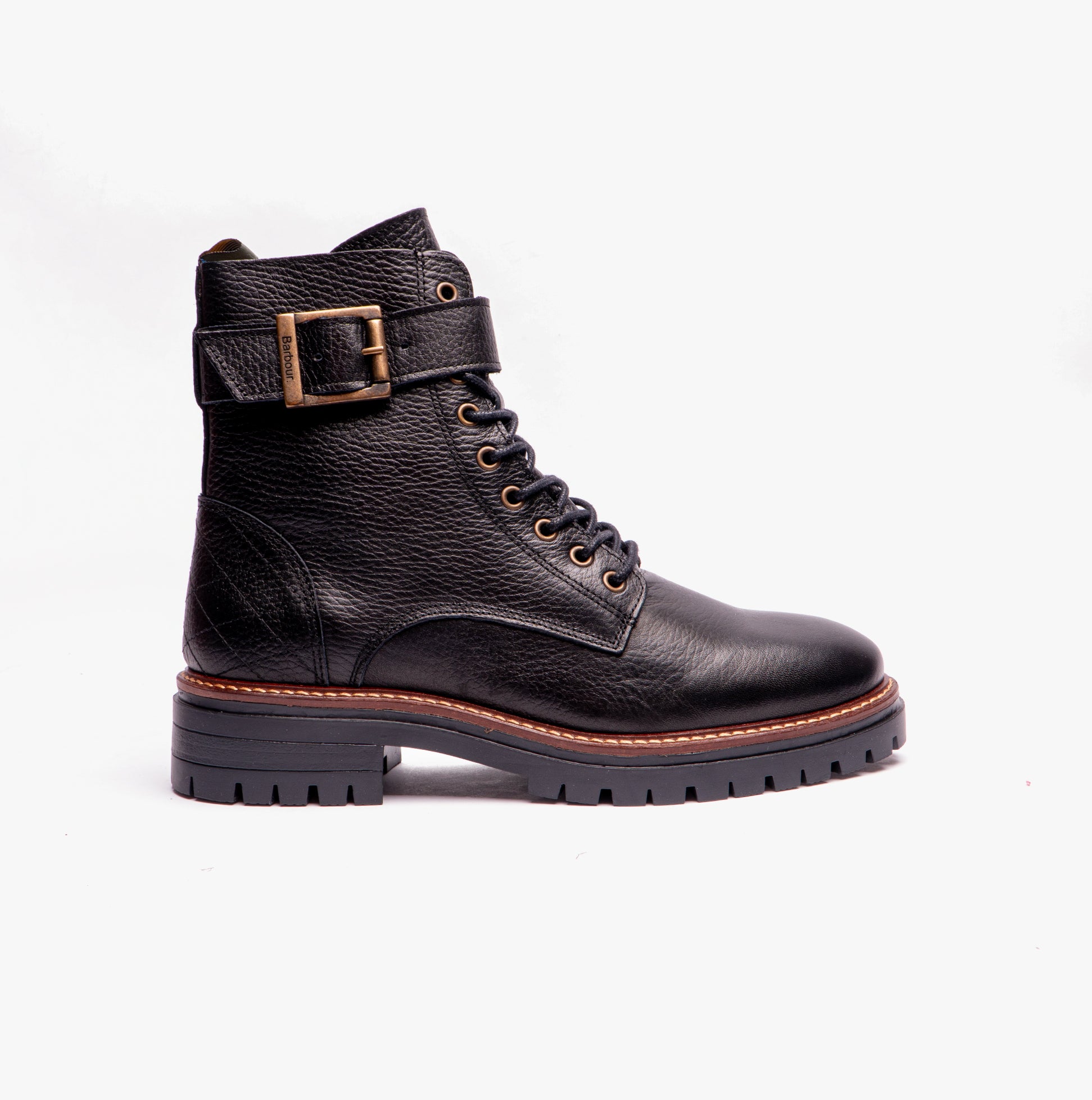 Barbour HEIDI Womens Boots Black side view featuring a leather upper, buckle detail, and block heel.