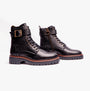 Barbour HEIDI Womens Boots Black side view showcasing leather material, buckle and zipper features, medium block heel.