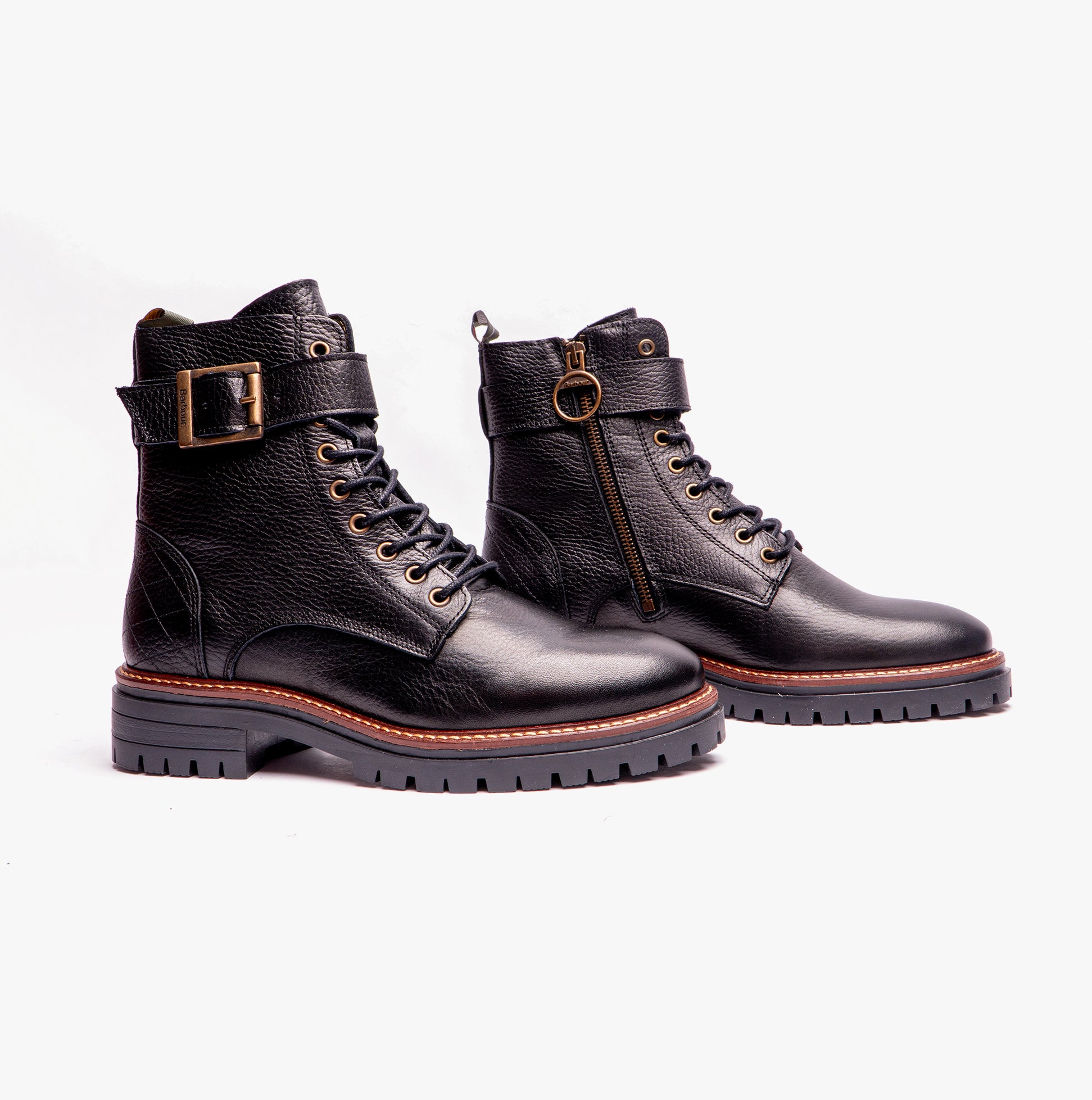 Barbour HEIDI Womens Boots Black side view showcasing leather material, buckle and zipper features, medium block heel.