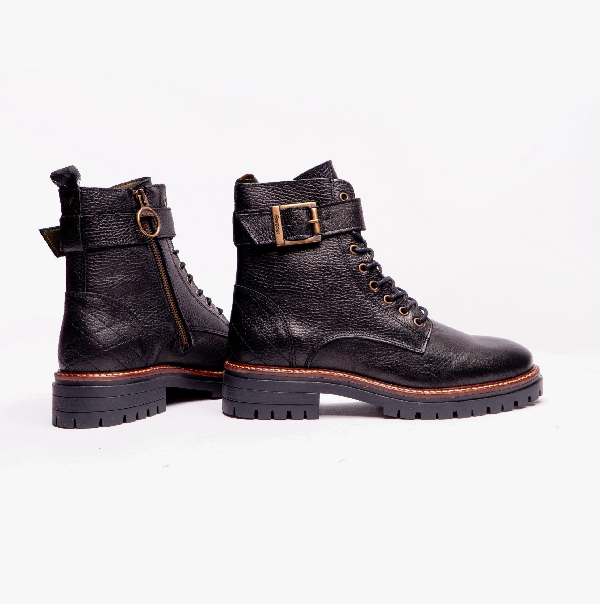 Barbour HEIDI Womens Boots Black side and back view showing leather upper, buckle and zip closure, block heel.