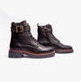 Barbour HEIDI Womens Boots Black side view showcasing leather upper, buckle and zip closure, and block heel design.