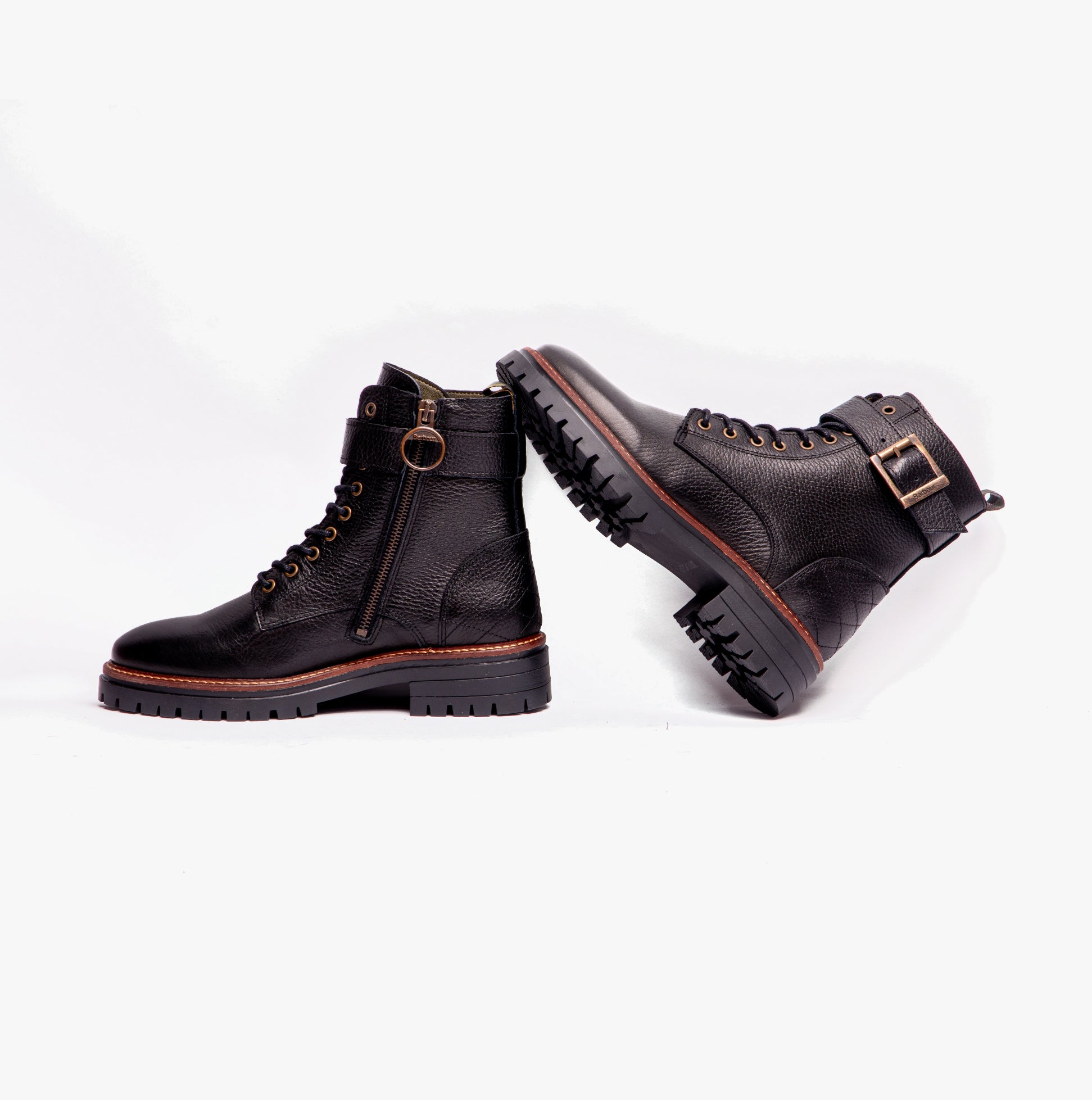 Barbour HEIDI Womens Boots Black side view with buckle and zip, featuring a medium block heel and textured leather.