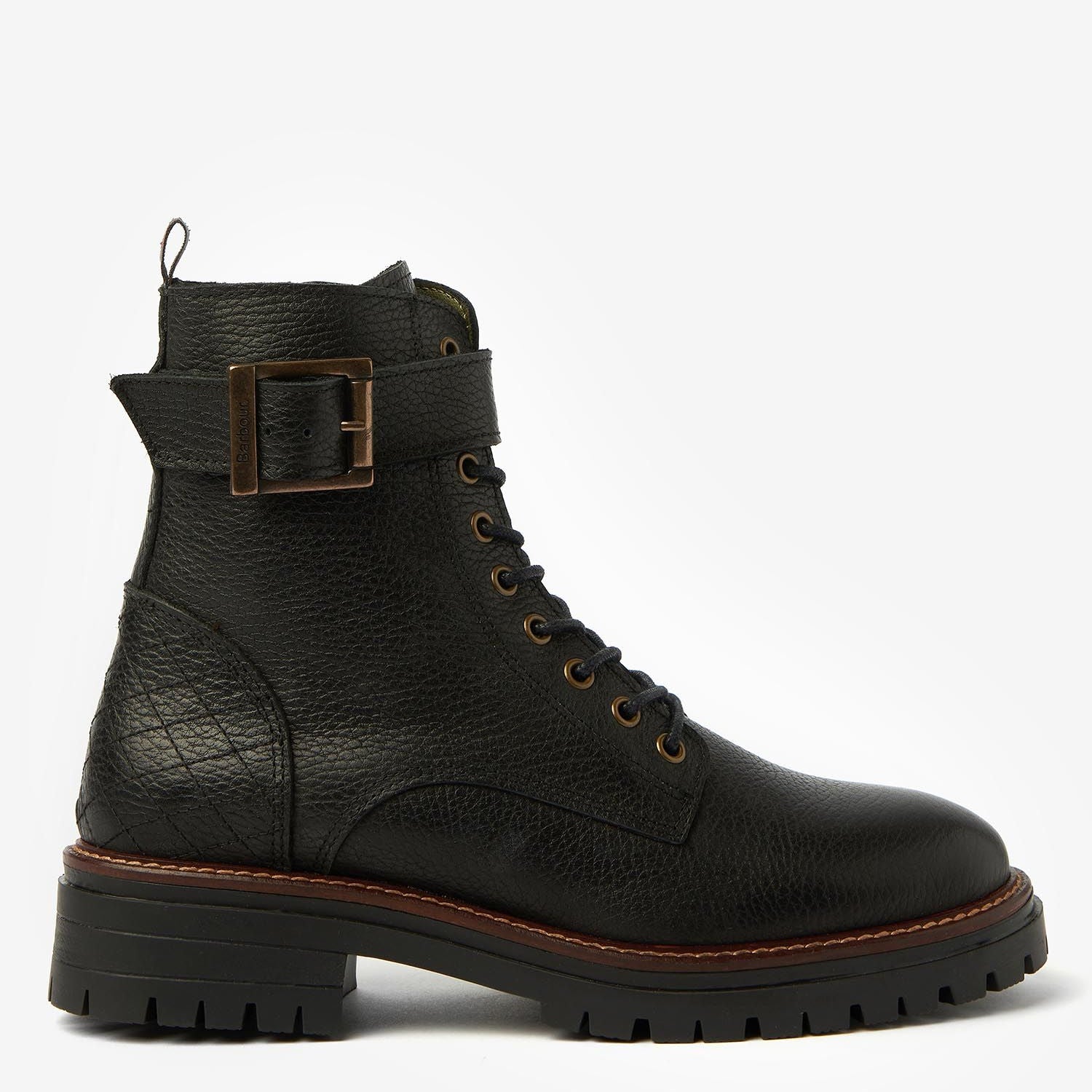 Barbour HEIDI Womens Boots Black side view showcasing ankle height, leather upper, and buckle detail.