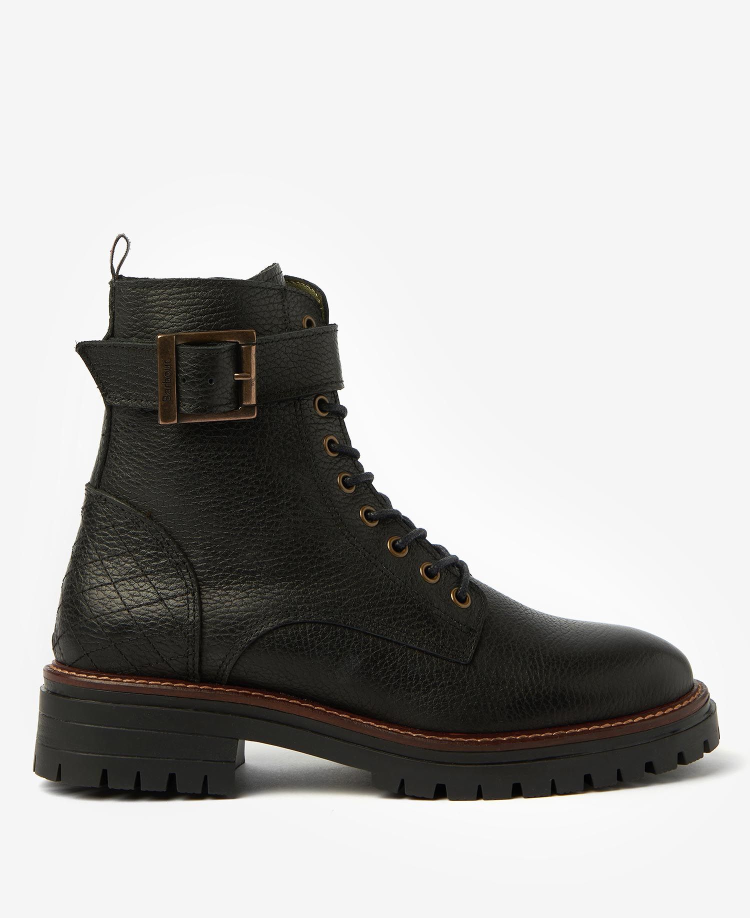 Barbour HEIDI Womens Boots Black side view showcasing ankle height, leather upper, and buckle detail.