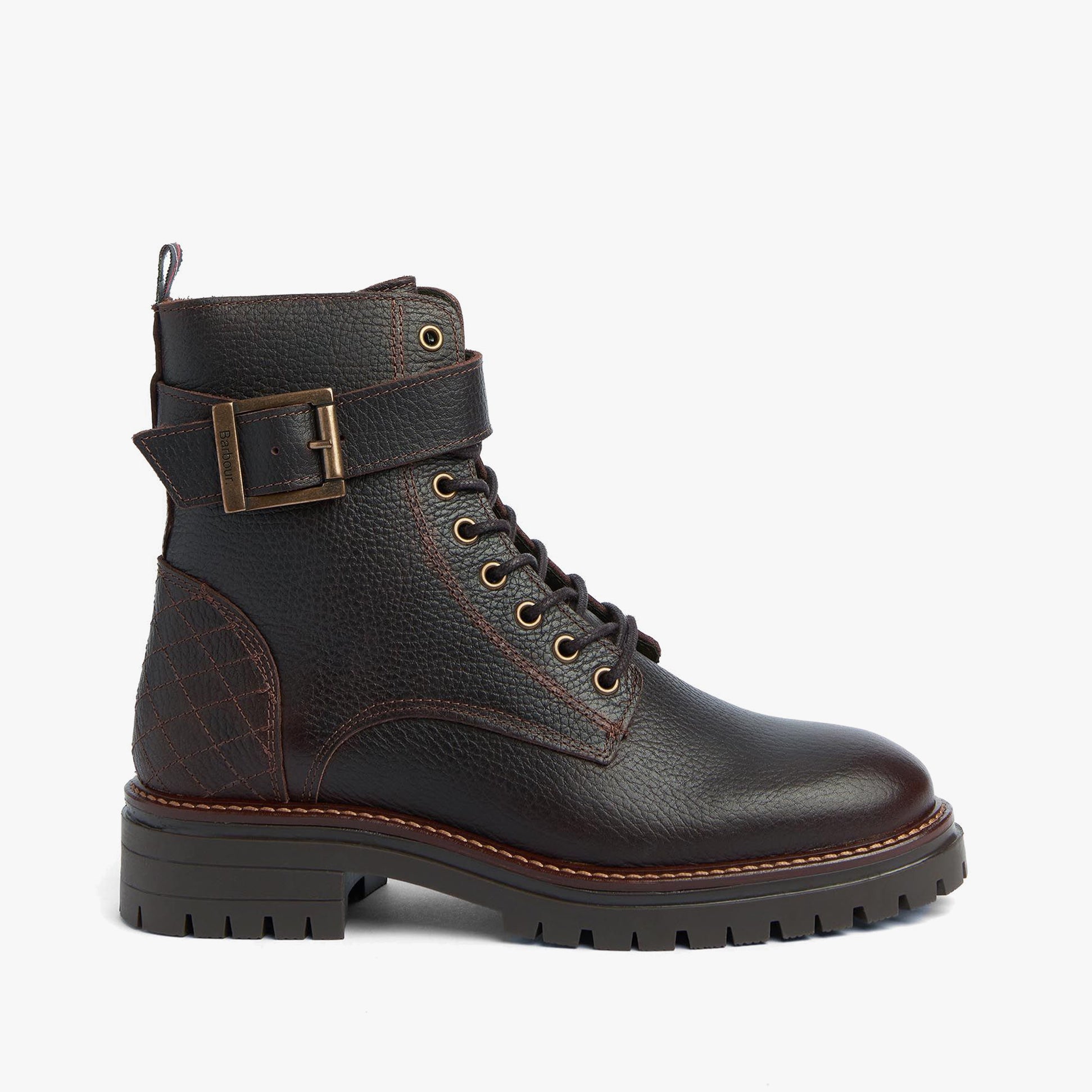 Barbour HEIDI Womens Boots Brown side view showcasing leather upper, lace-up closure, and block heel design.