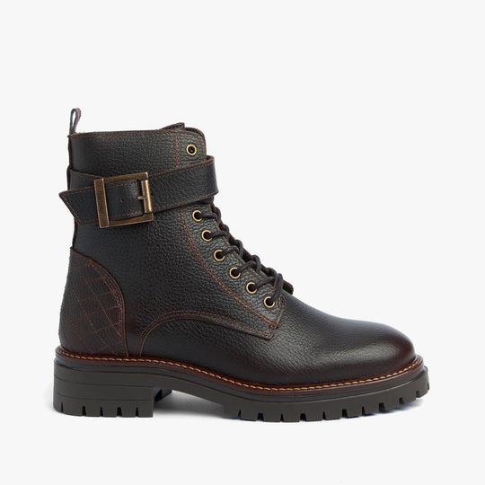 Barbour HEIDI Womens Boots Brown side view showcasing leather upper, lace-up closure, and block heel design.