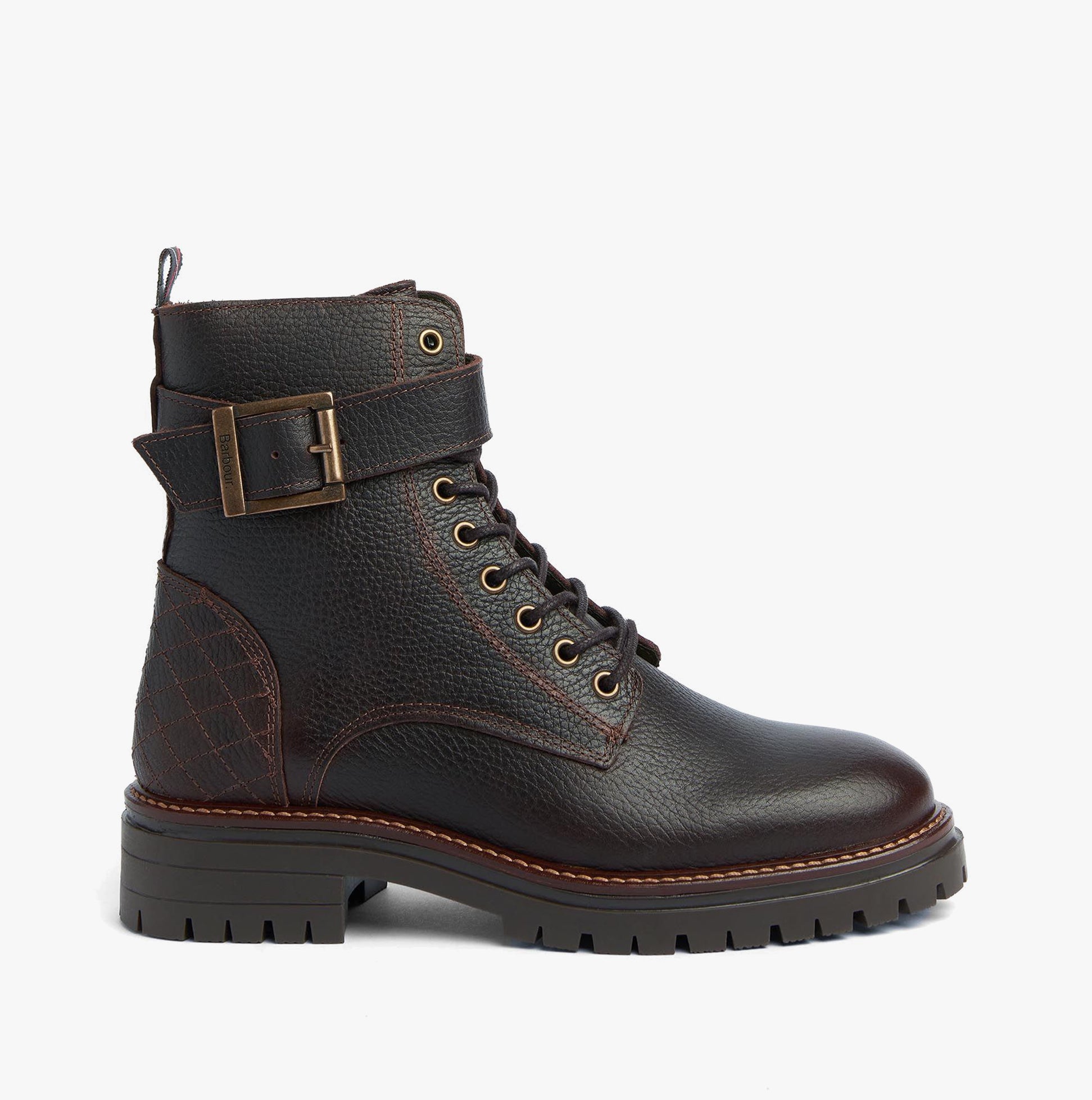 Barbour HEIDI Womens Boots Brown side view showcasing leather upper, lace-up closure, and block heel design.