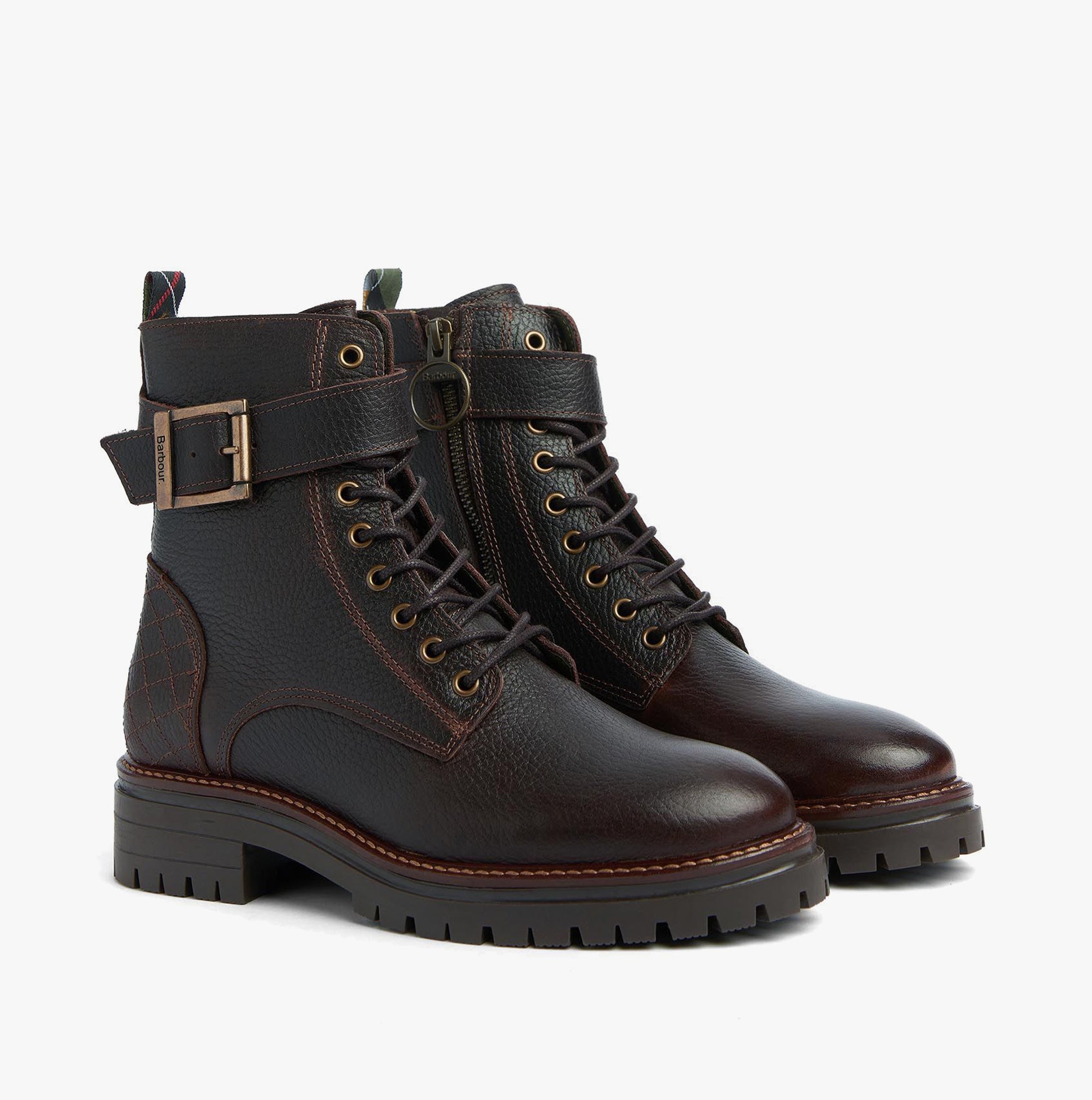 Barbour HEIDI Womens Boots Brown side view showcasing leather combat boots with lace-up design and block heel.
