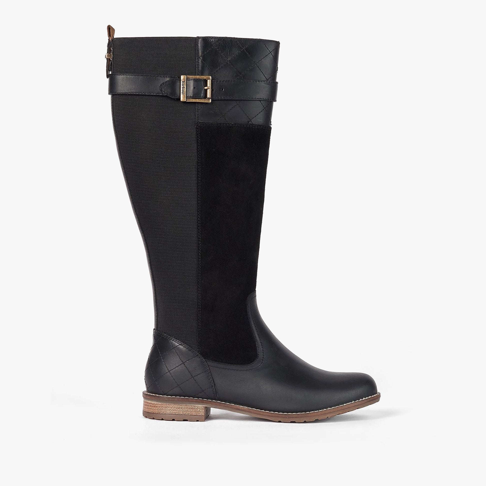 Barbour ANGE Womens Boots Black side view showcasing tall design, leather and nylon materials with block heel.