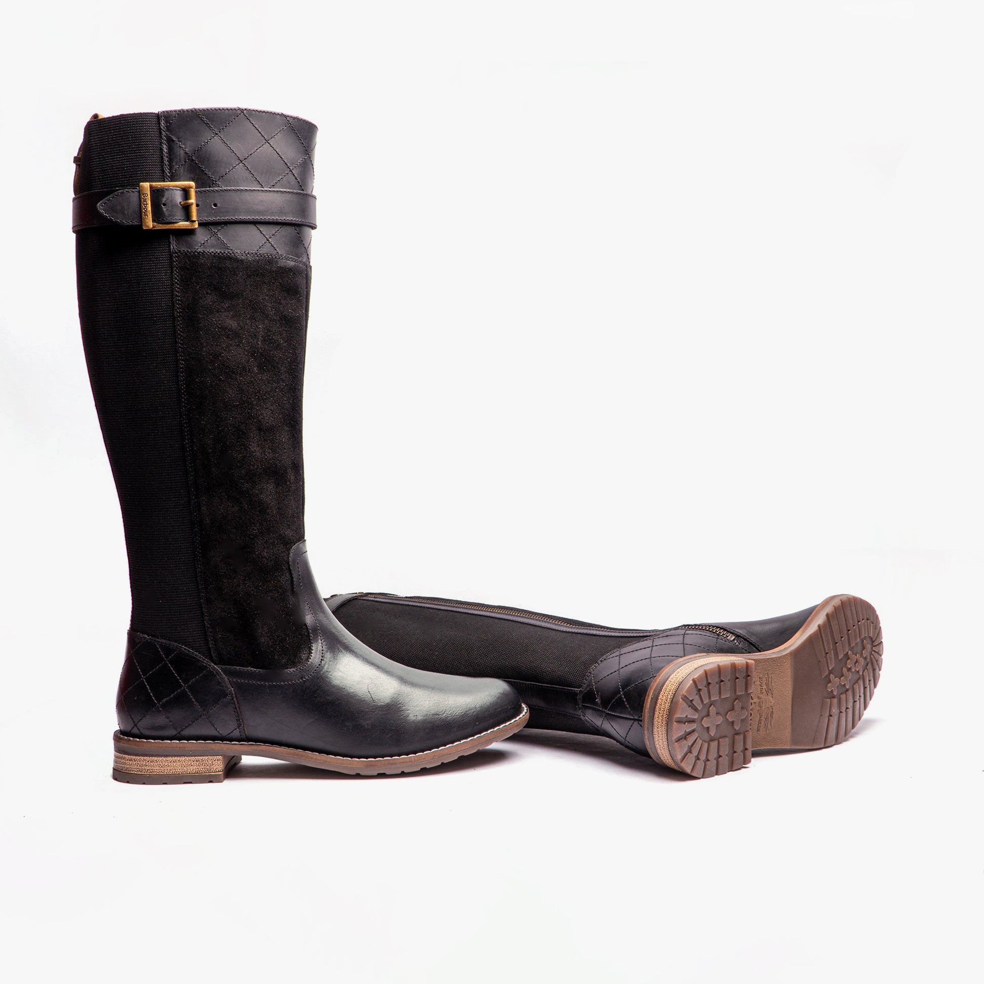 Barbour ANGE Womens Boots Black side view showcasing tall leather and nylon design with block heel.