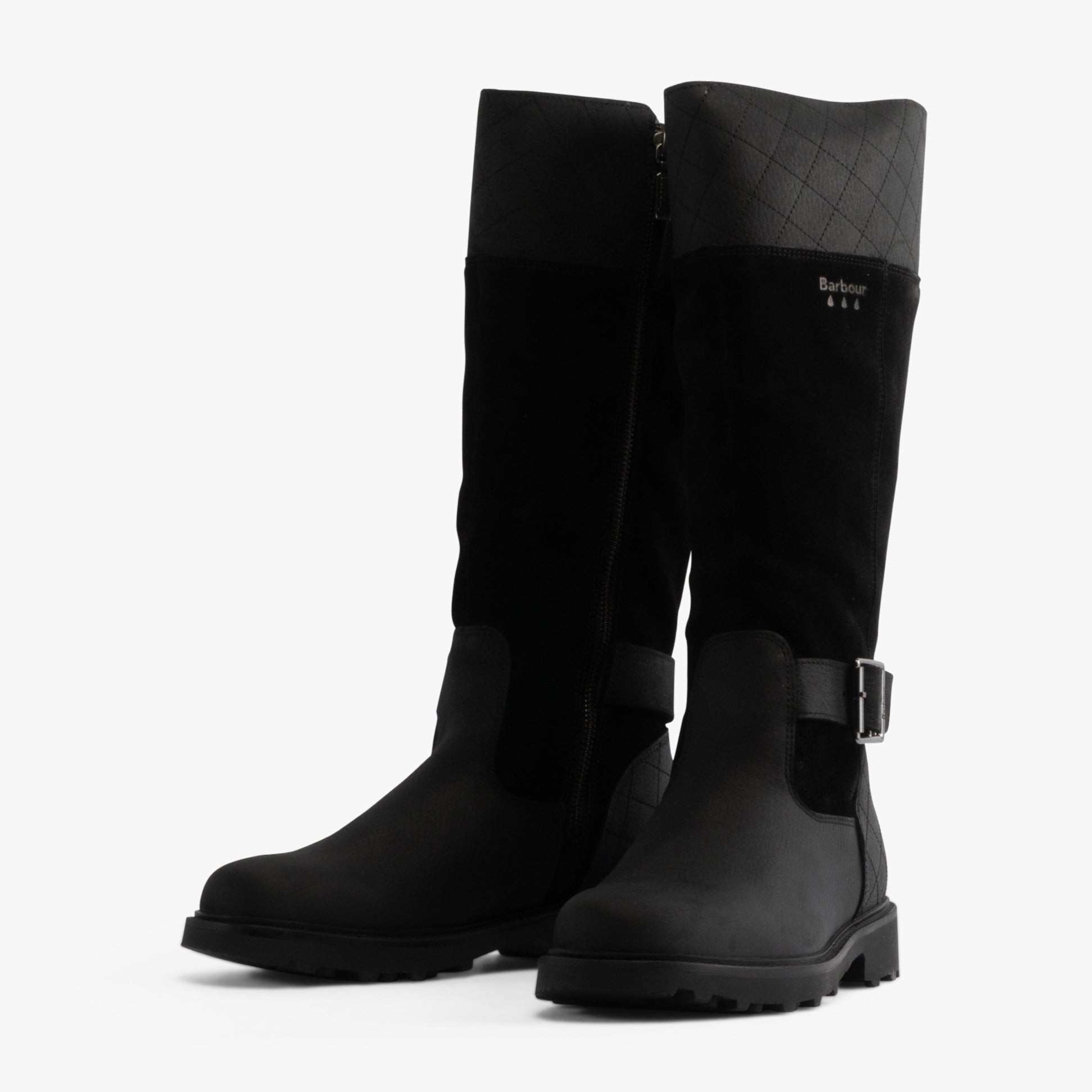 Barbour FAREHAM Womens Tall Boots Black side view featuring leather and nylon upper, knee-high design and rubber sole.
