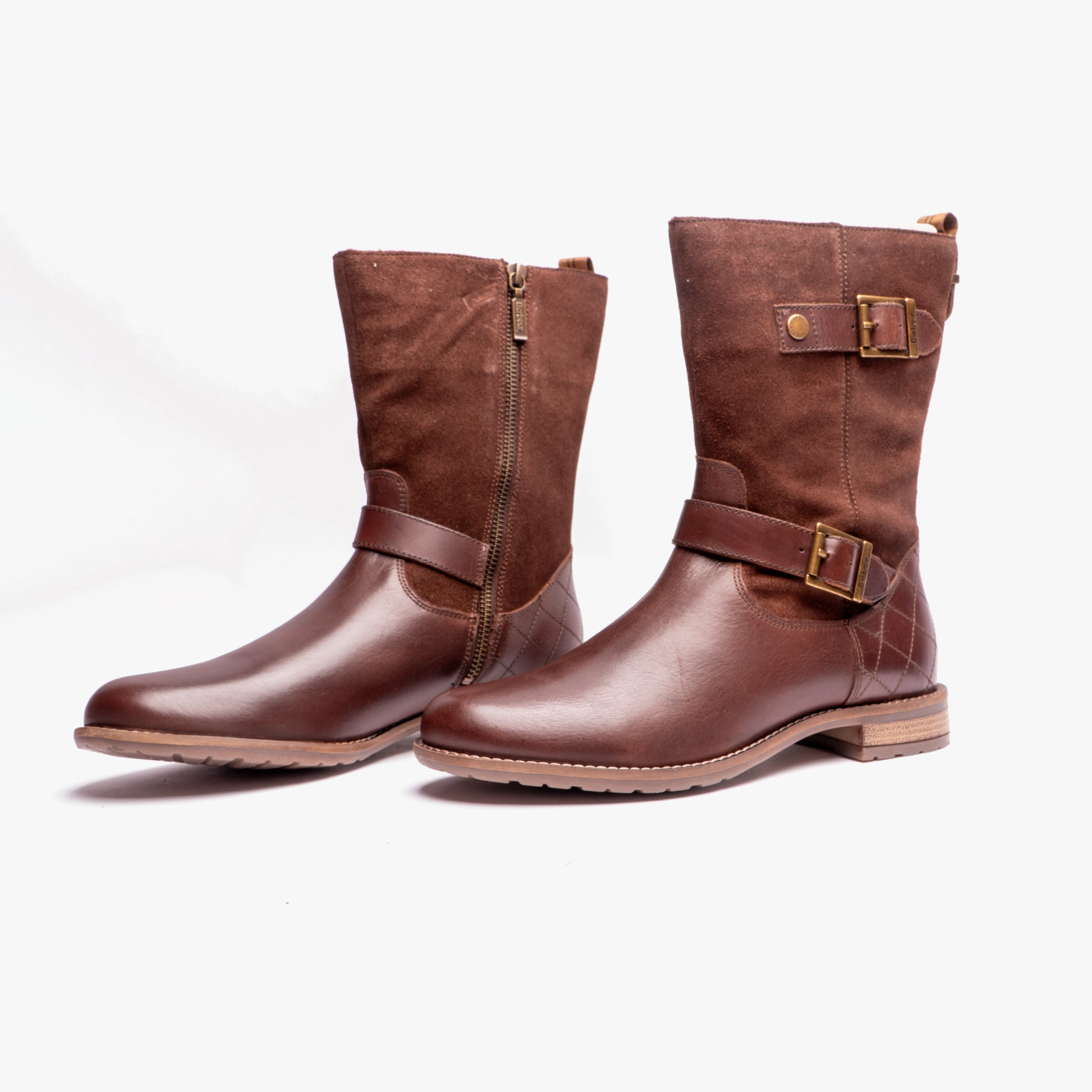 Barbour MILLIE Womens Boots Choco side view showcasing leather and suede materials with buckle and zip closure.